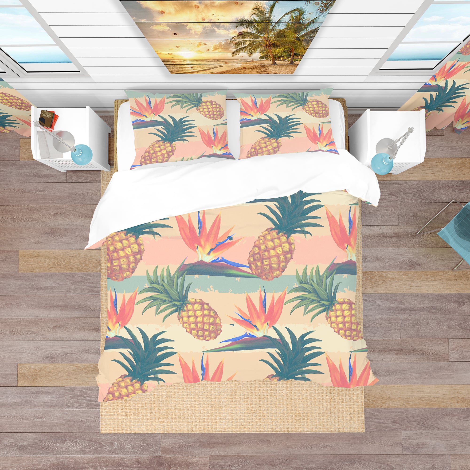 Designart &#x27;Tropical Exotic Flowers &#x26; Pineapple Pattern&#x27; Tropical Bedding Set - Duvet Cover &#x26; Shams
