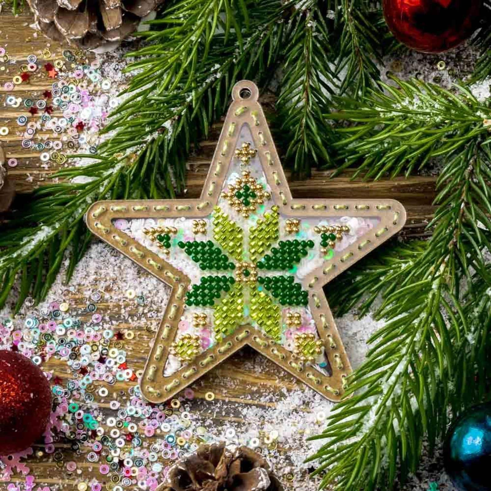 Wonderland Crafts Green &#x26; Gold Star Christmas Ornament Bead Embroidery Kit