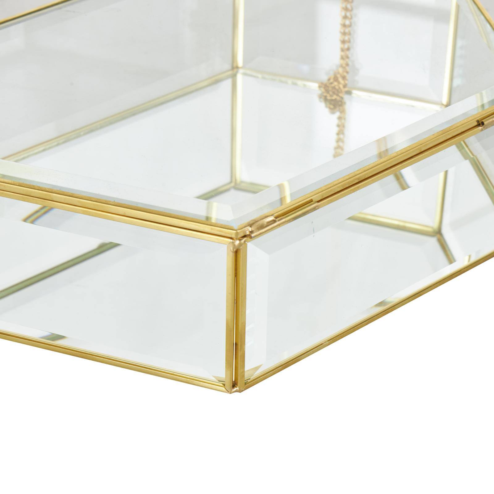 Clear & Gold Beveled Glass & Metal Wide Hexagon Jewelry Box with Chain Accent Set