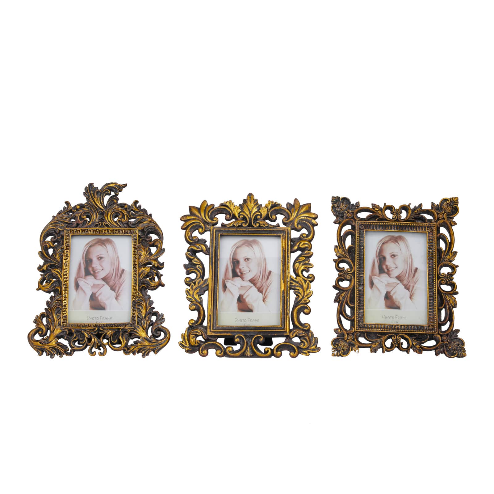 3 Pack Brass Polystone Traditional Photo Frames