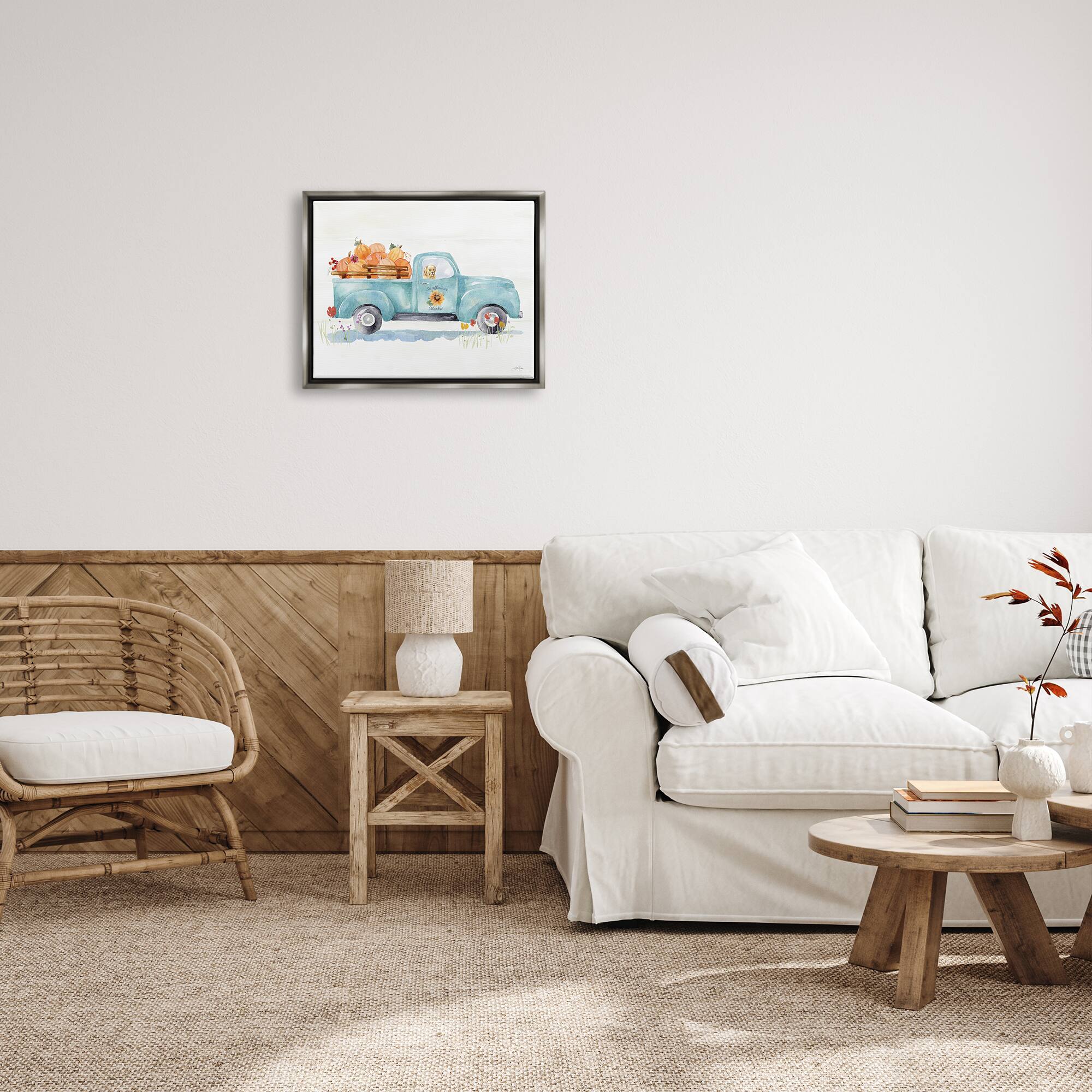 Stupell Industries Sunflower Market Pumpkin Truck Framed Floater Canvas Wall Art