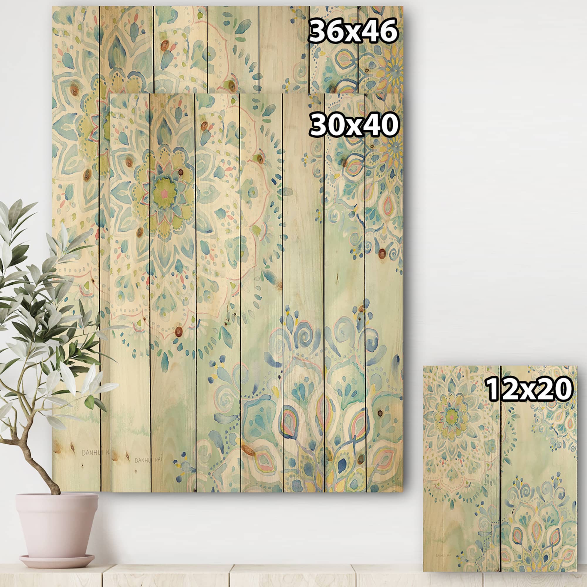 Designart - Watercolor mandalas III - Floral &#x26; Botanical Print on Natural Pine Wood