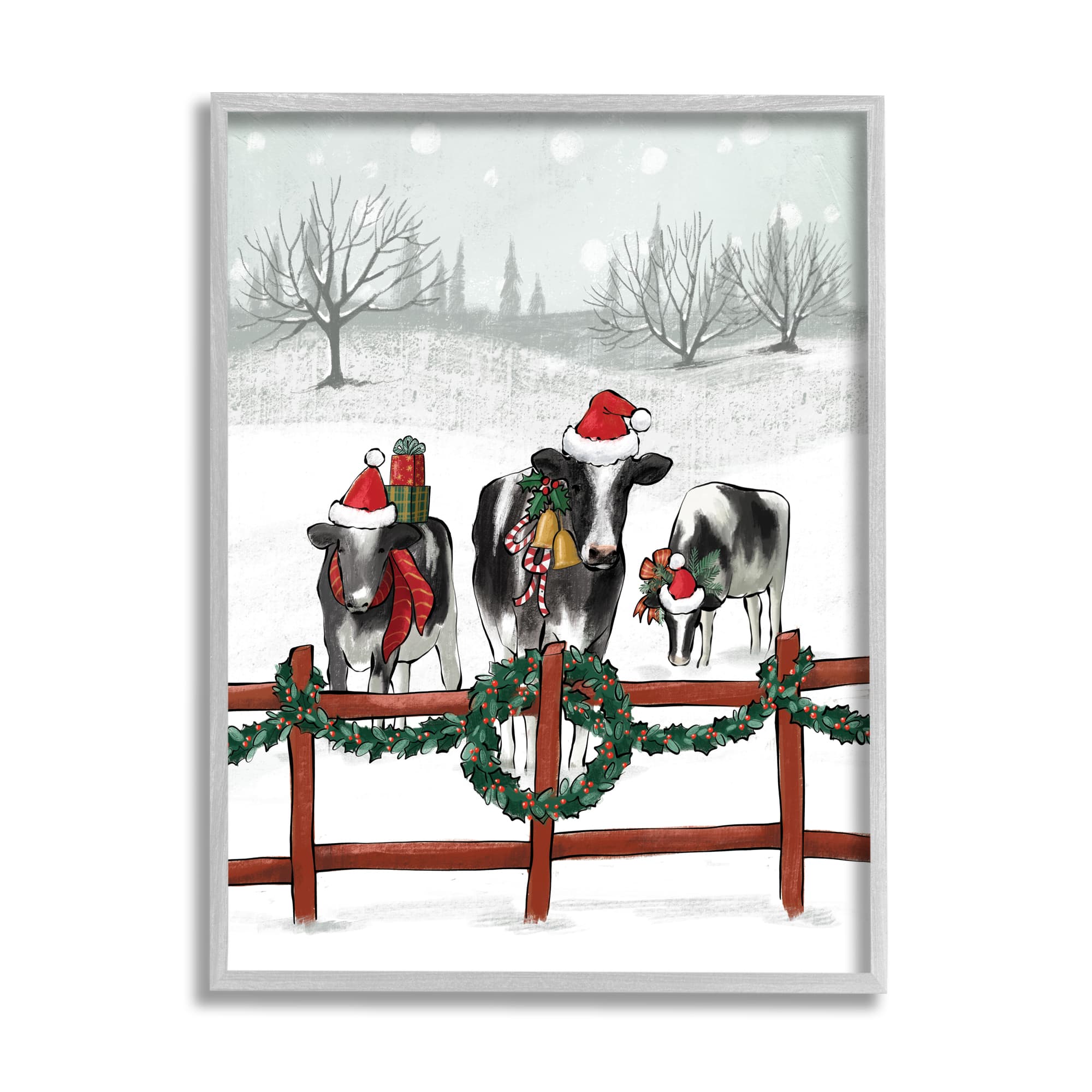 Stupell Industries Holiday Cows Farmland Fence Framed Giclee Art