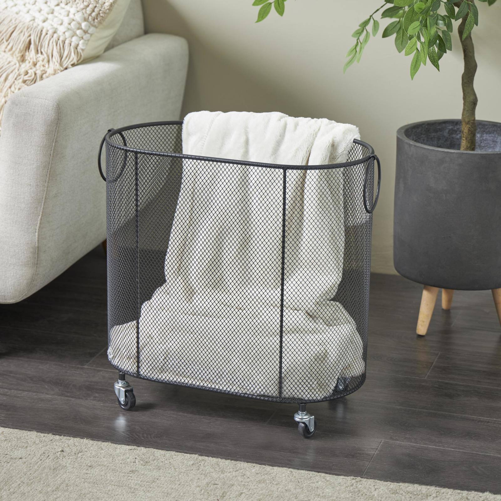 21" Metal Oval Mesh Wire Rolling Laundry Storage Cart with Ring Handles