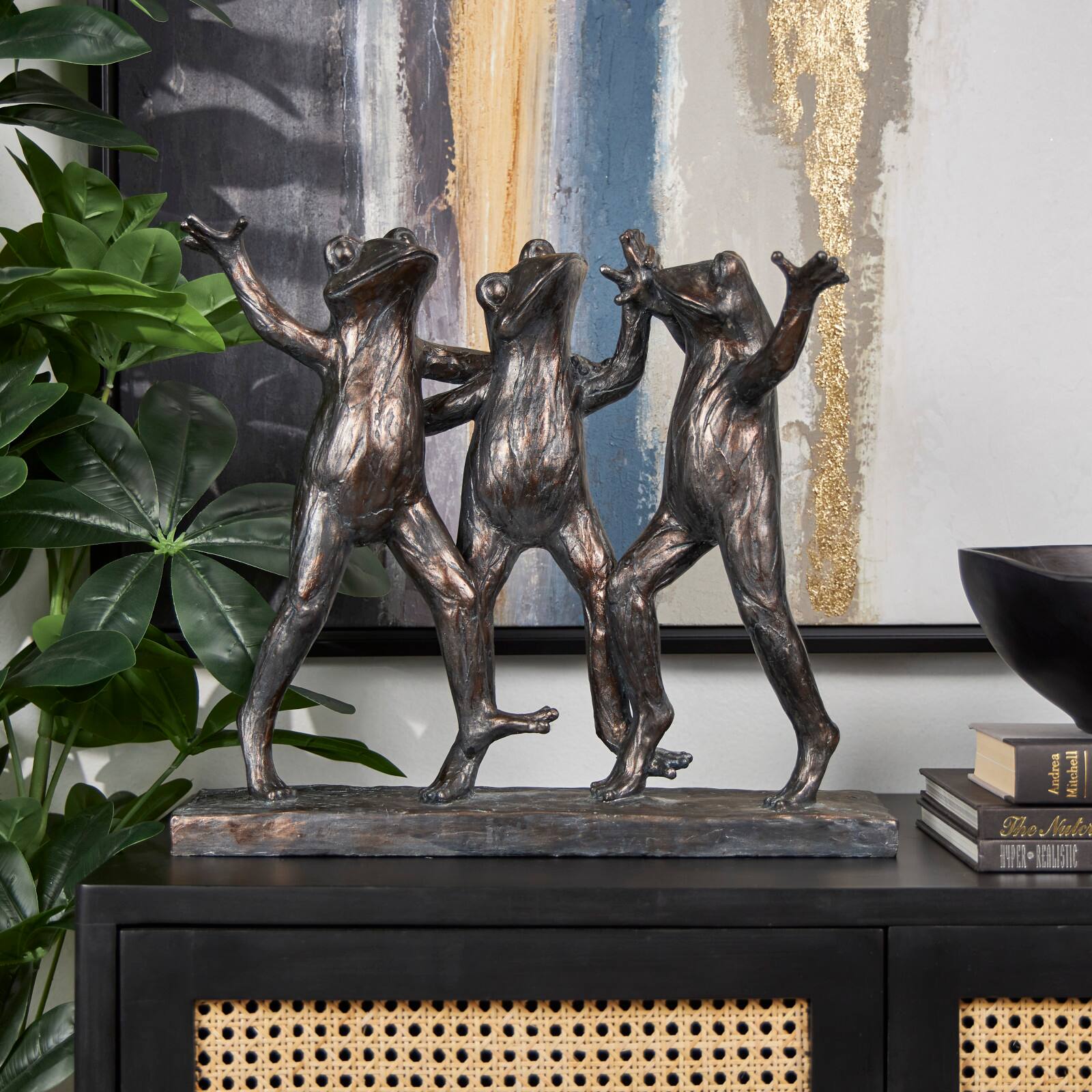 18" Bronze Patina 3 Dancing Frogs Sculpture