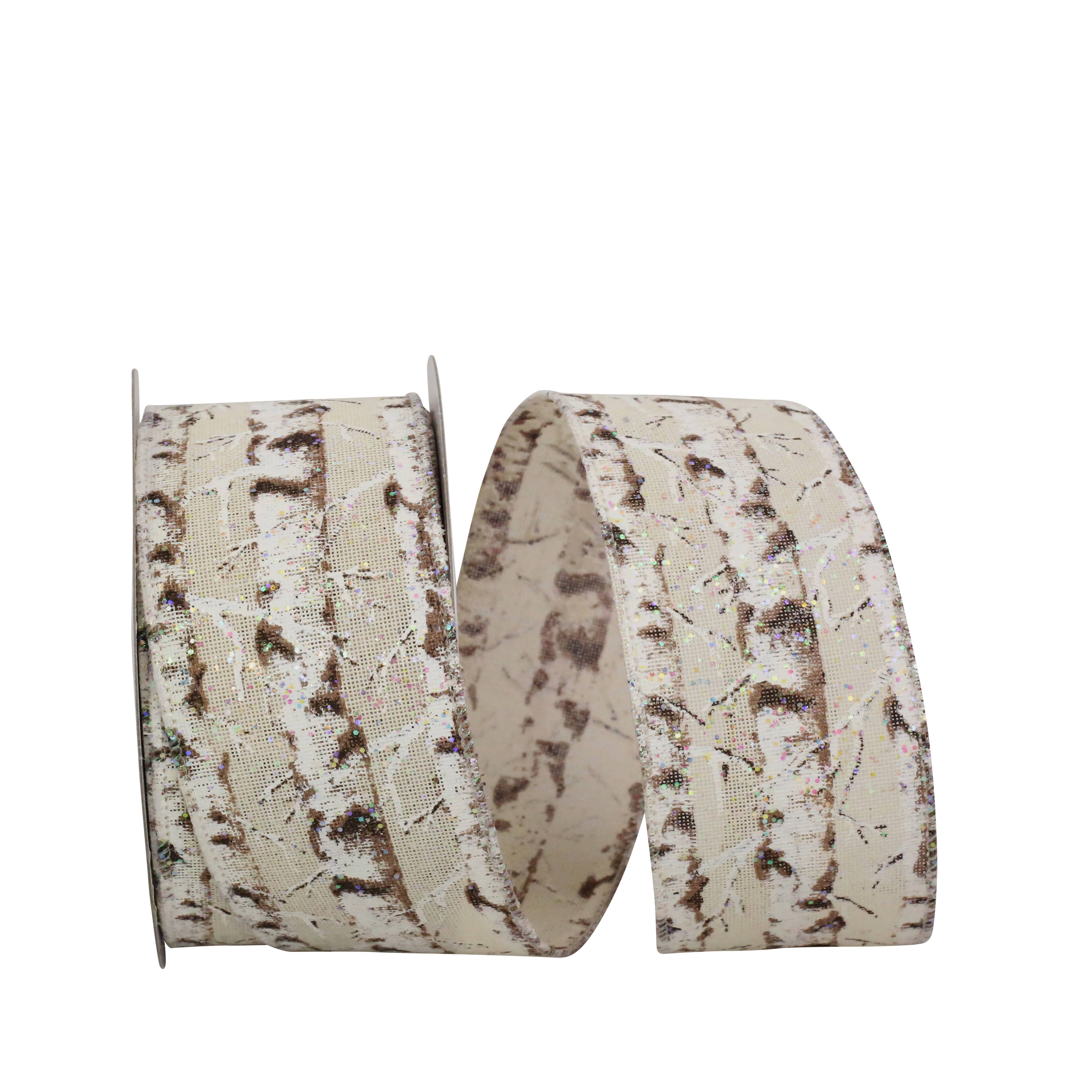 JAM Paper 2.5" x 10yd. Ivory Wired Snow Trees Glitter Hopsack Ribbon