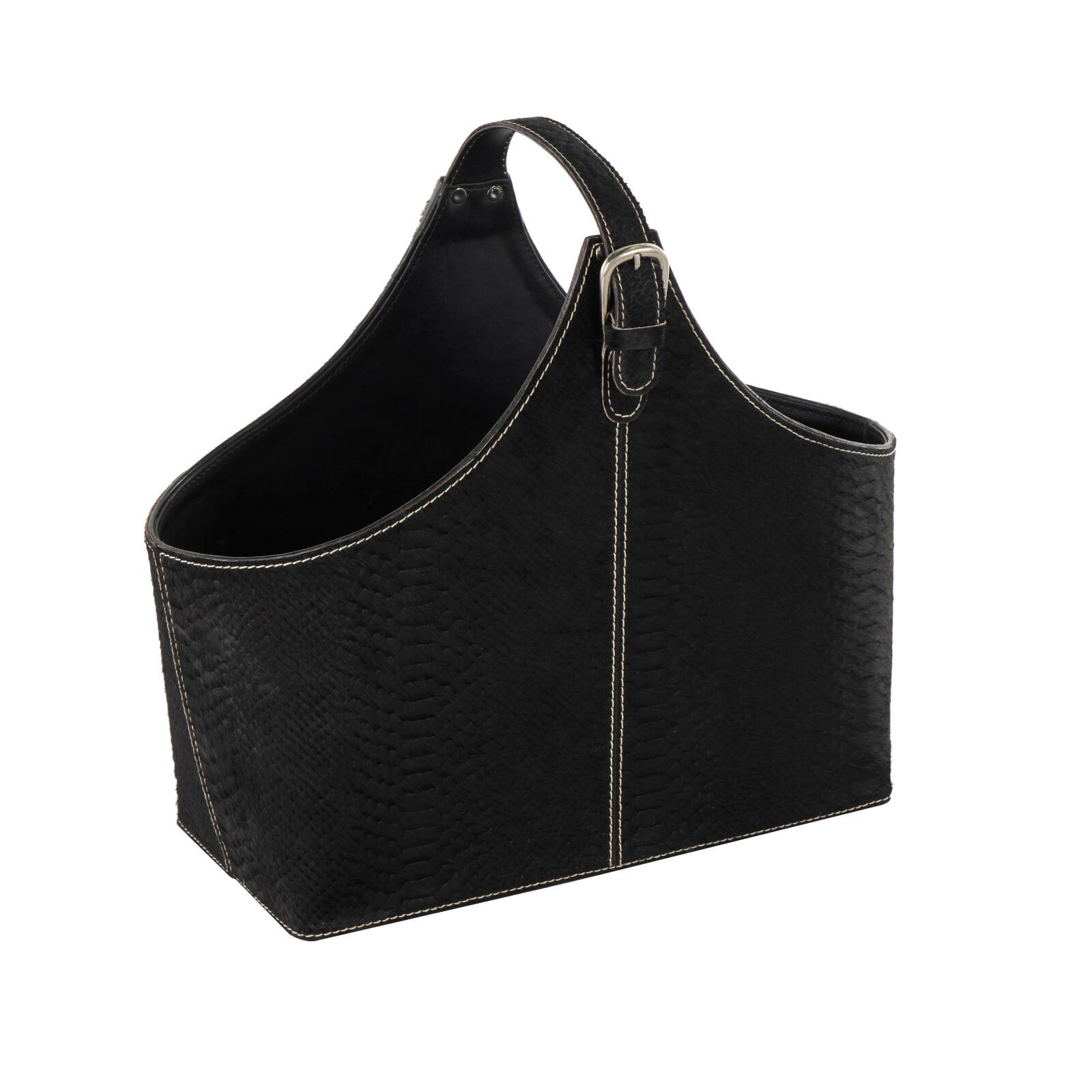 17" Black Leather Handmade Box Style Decorative Magazine Holder with Detail Stitching & Curved Buckle Handles