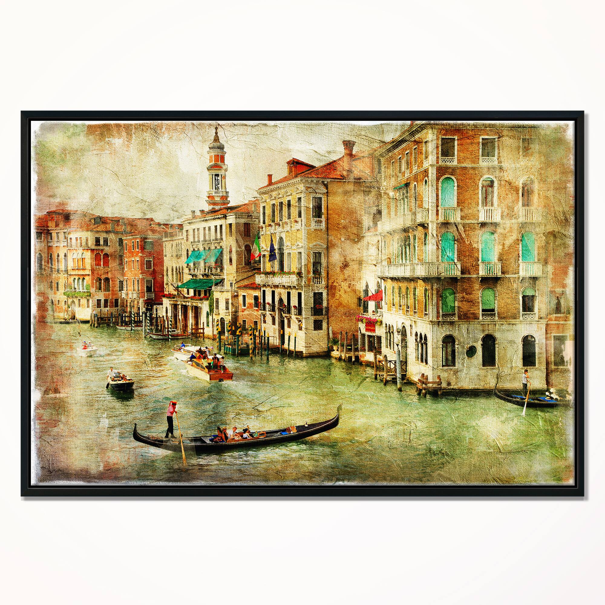 Designart - Vintage Venice - Digital Art Landscape Canvas Print in Black Frame