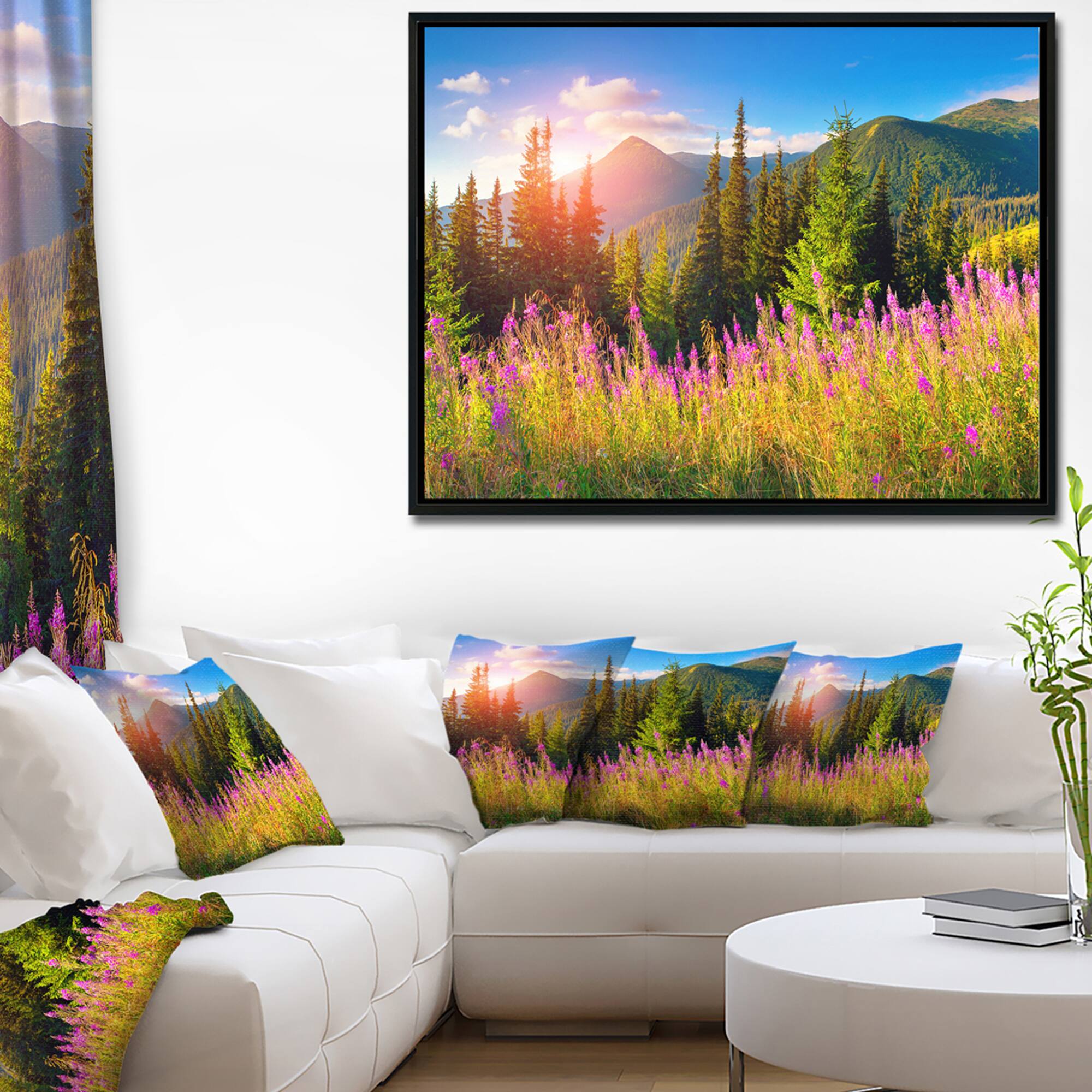 Designart - Mountains with Pink Flowers - Floral Canvas art print in Black Frame