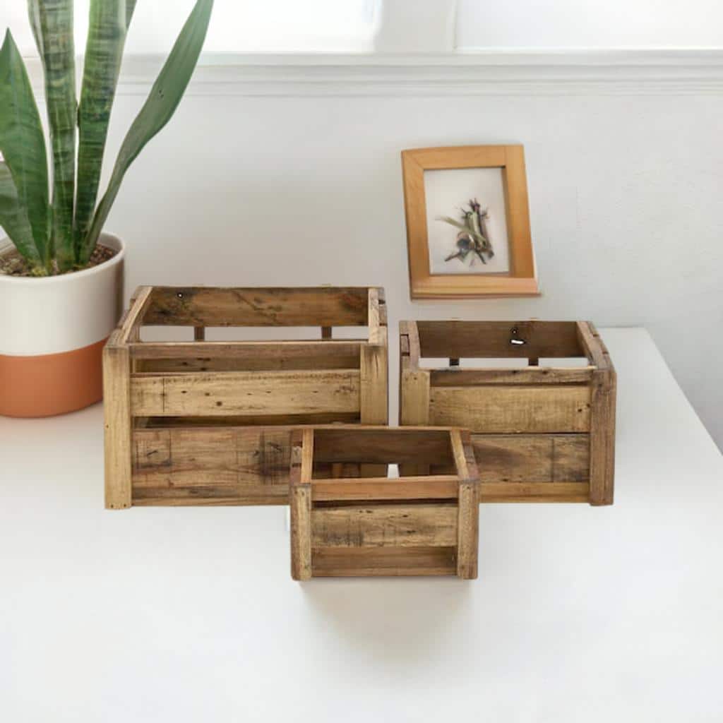 Set of 3 Brown Wood Farmhouse Storage Basket, 21&#x22;, 16&#x22;, 13&#x22;