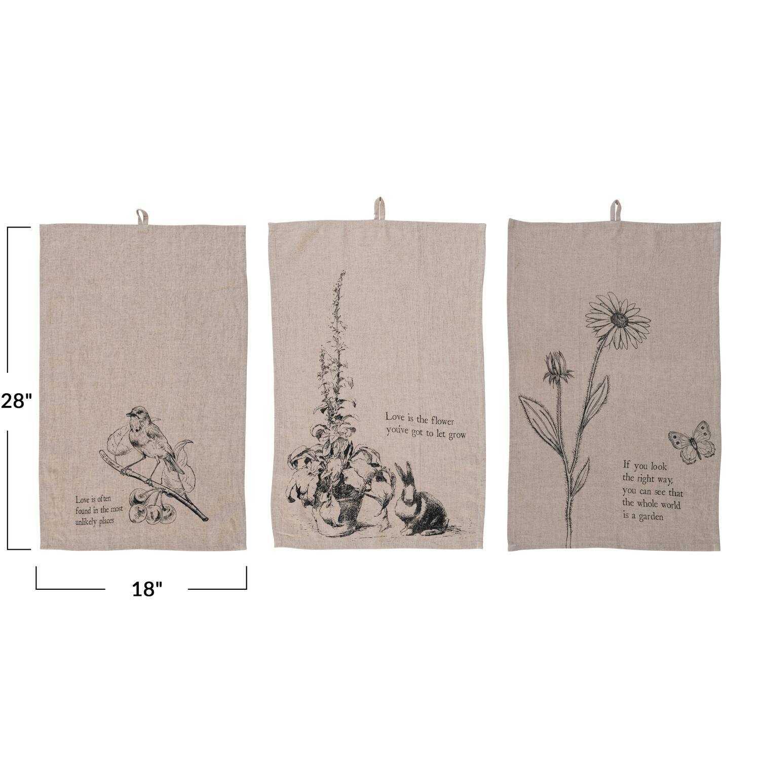 Hello Honey® Nature & Text Prints Linen Blend Decorative Tea Towels with Loops Set