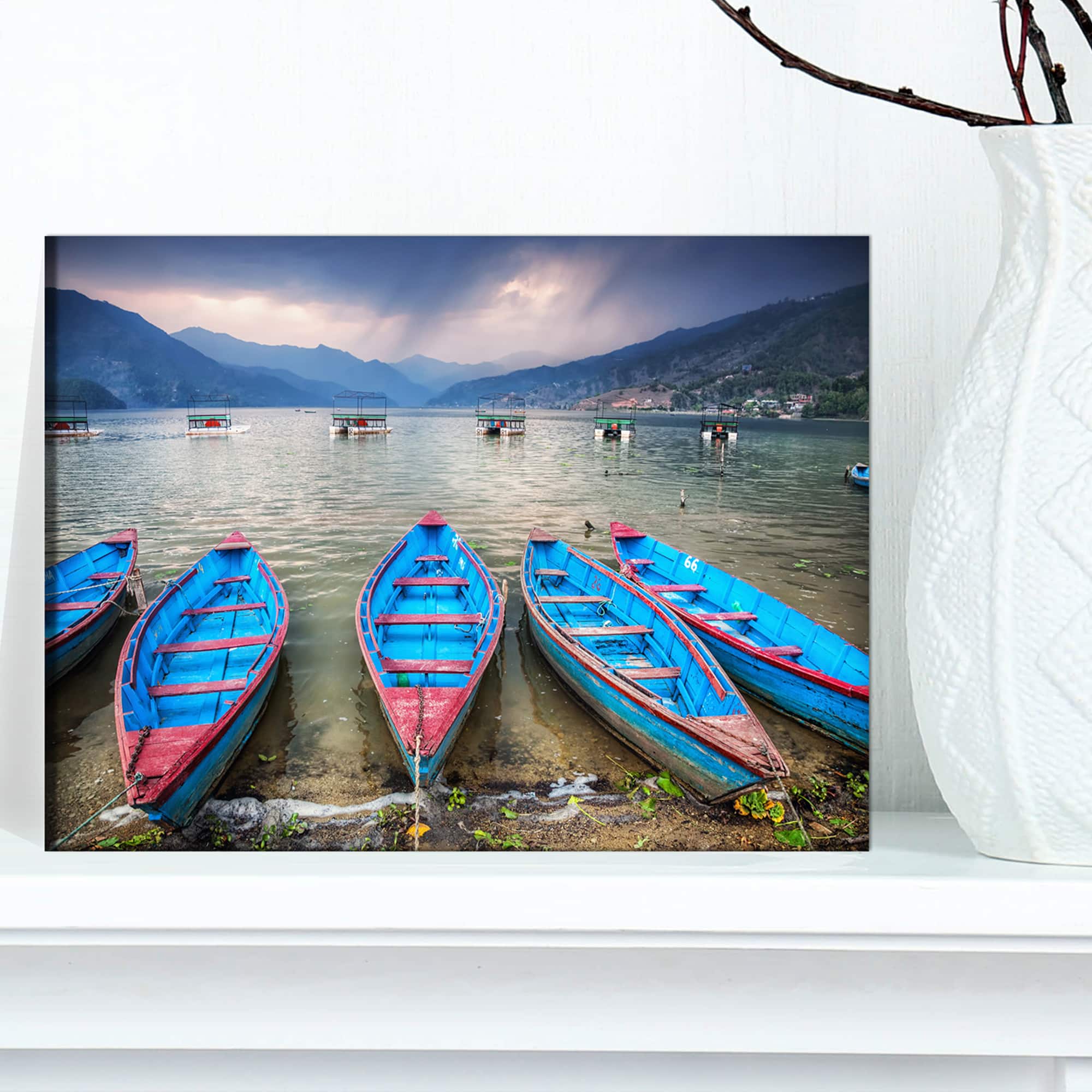 Designart - Row of Blue Boats in Pokhara Lake - Boat Canvas Art Print