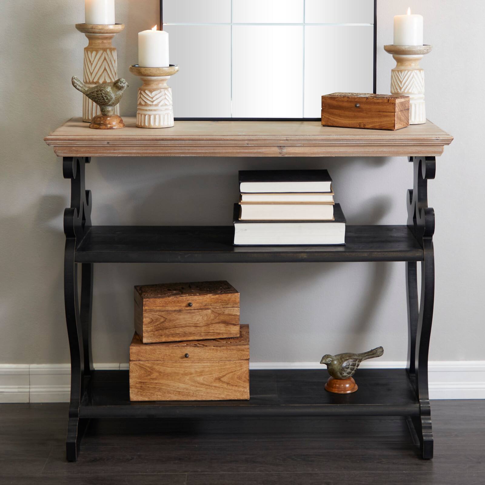 Black Wood Scroll Side Frames 2 Shelves Console Table with Brown Wood Top 38&#x22; x 15&#x22; x 32&#x22;