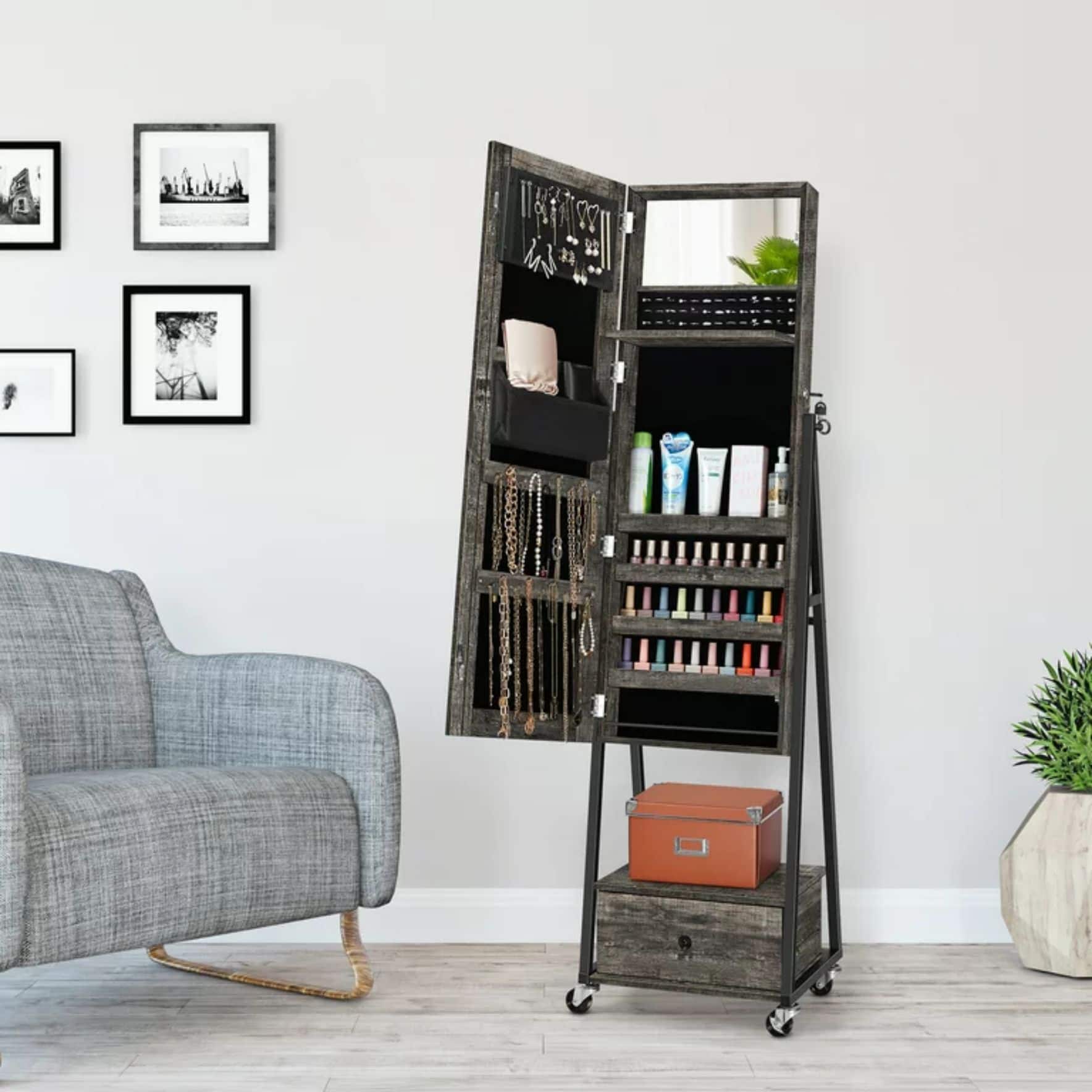 NEX™ 5ft. Dark Gray Jewelry Armoire on Casters with Chest Drawer