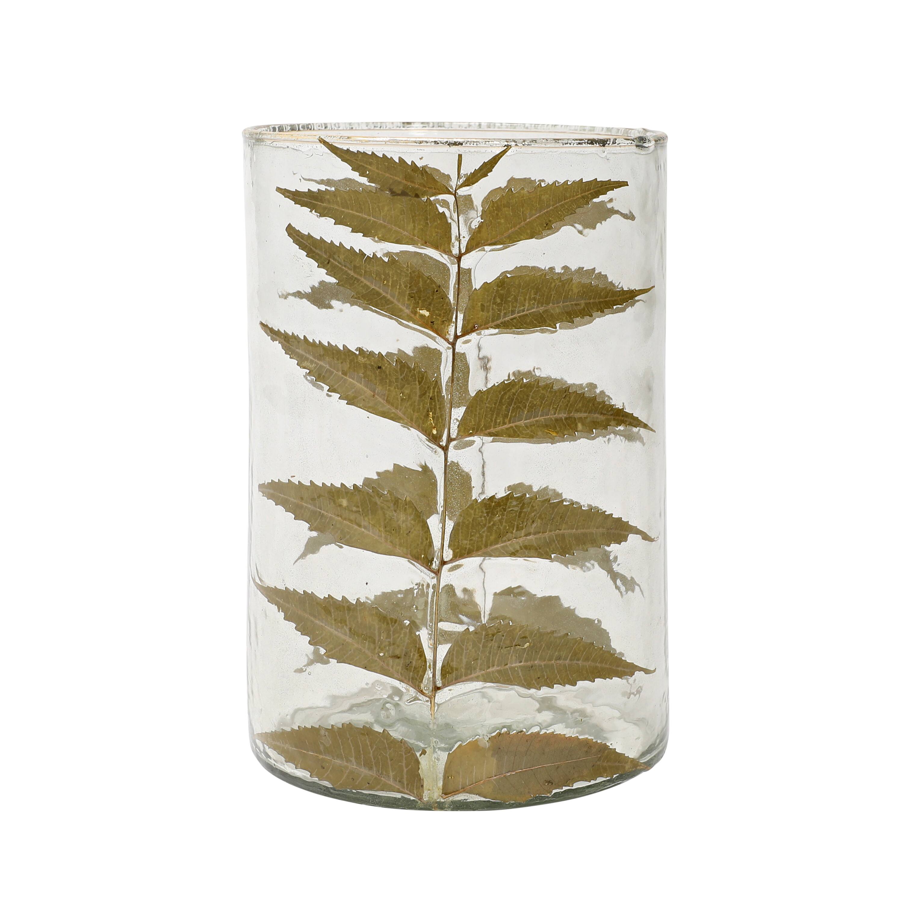 Hello Honey&#xAE; 6.5&#x22; Embedded Neem Leaves &#x26; Foil Edge Handblown Glass Hurricane