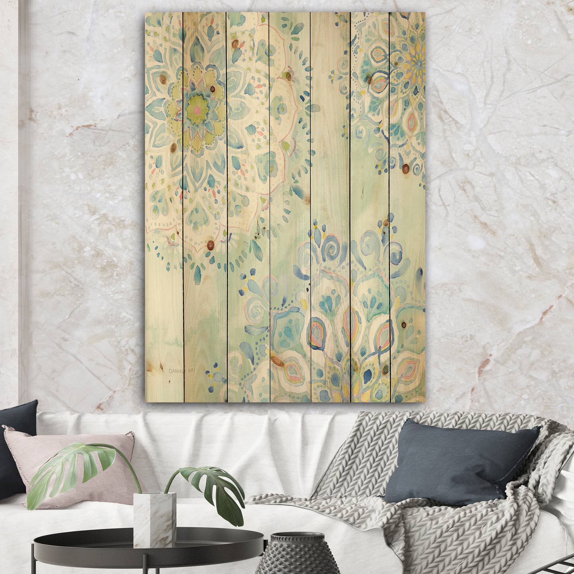 Designart - Watercolor mandalas III - Floral &#x26; Botanical Print on Natural Pine Wood