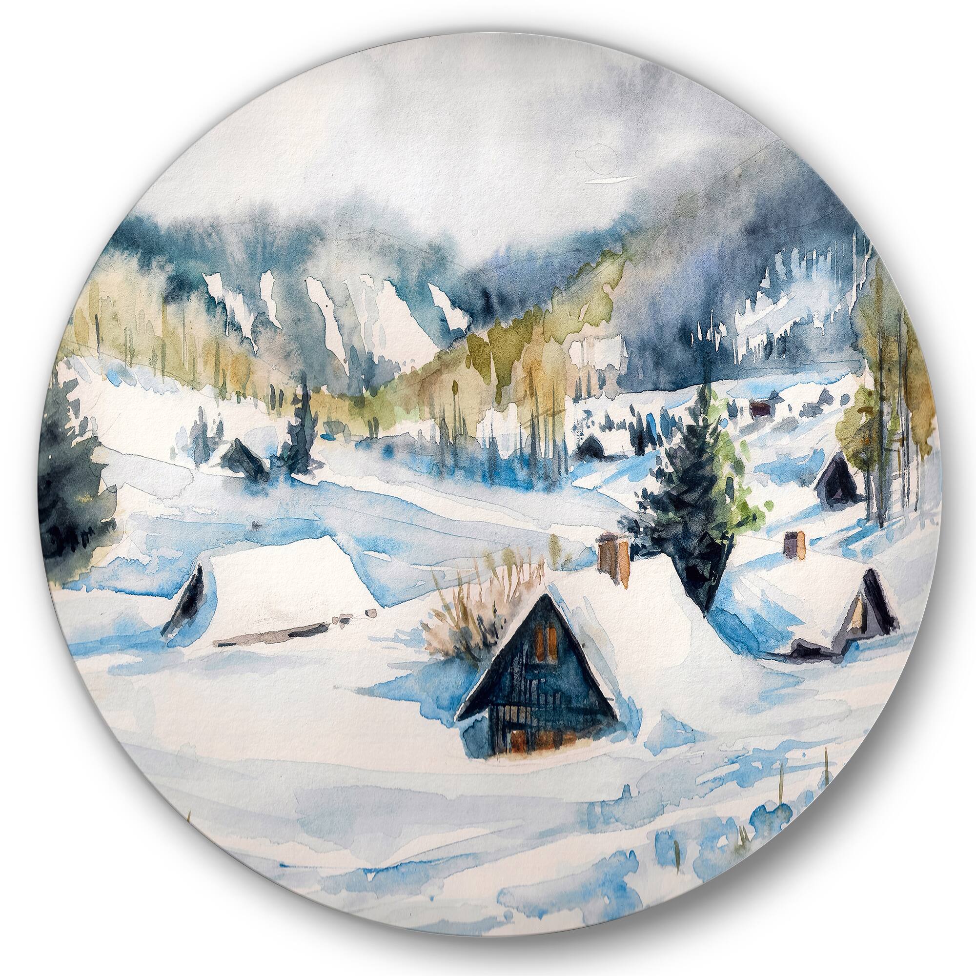 Designart - Mountain Village In Winter - Traditional Metal Circle Wall Art
