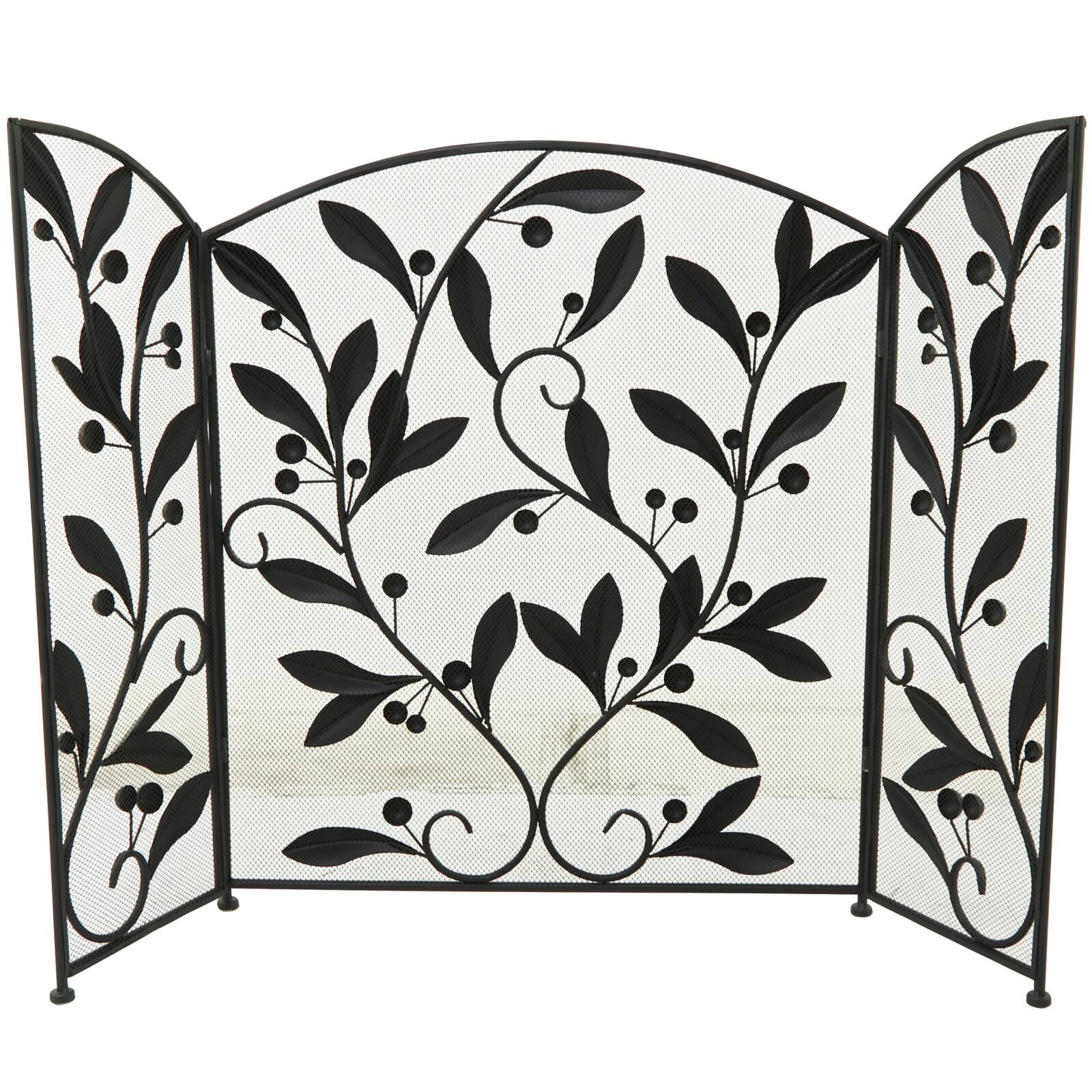 Black Metal Foldable Mesh Netting 3 Panel Scroll Fireplace Screen with Leaf and Vine Relief 45&#x22; x 1&#x22; x 30&#x22;