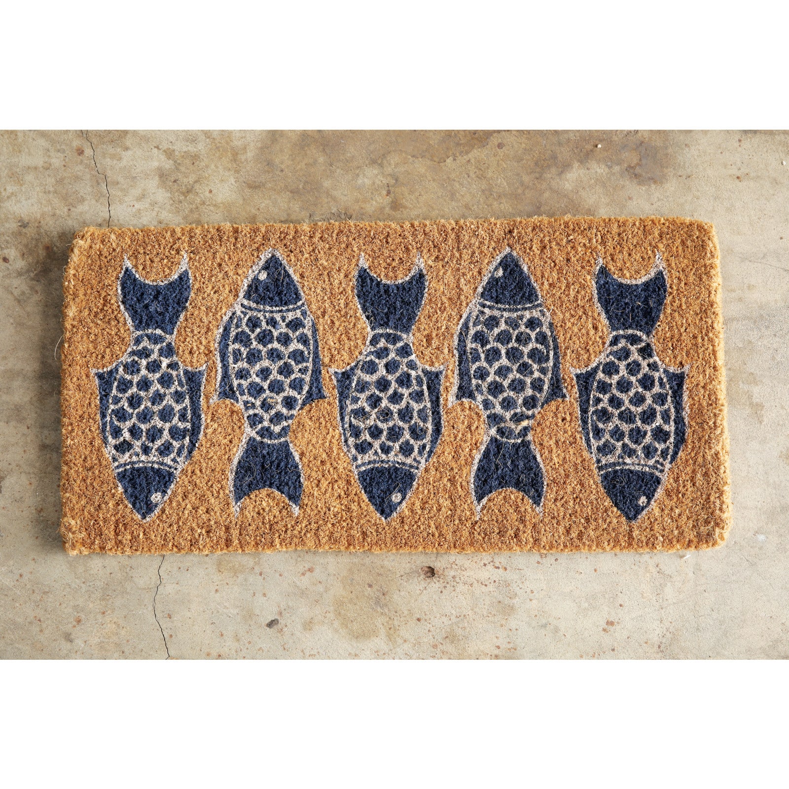 Hello Honey&#xAE; Black &#x26; White Fish Images Natural Coir Doormat