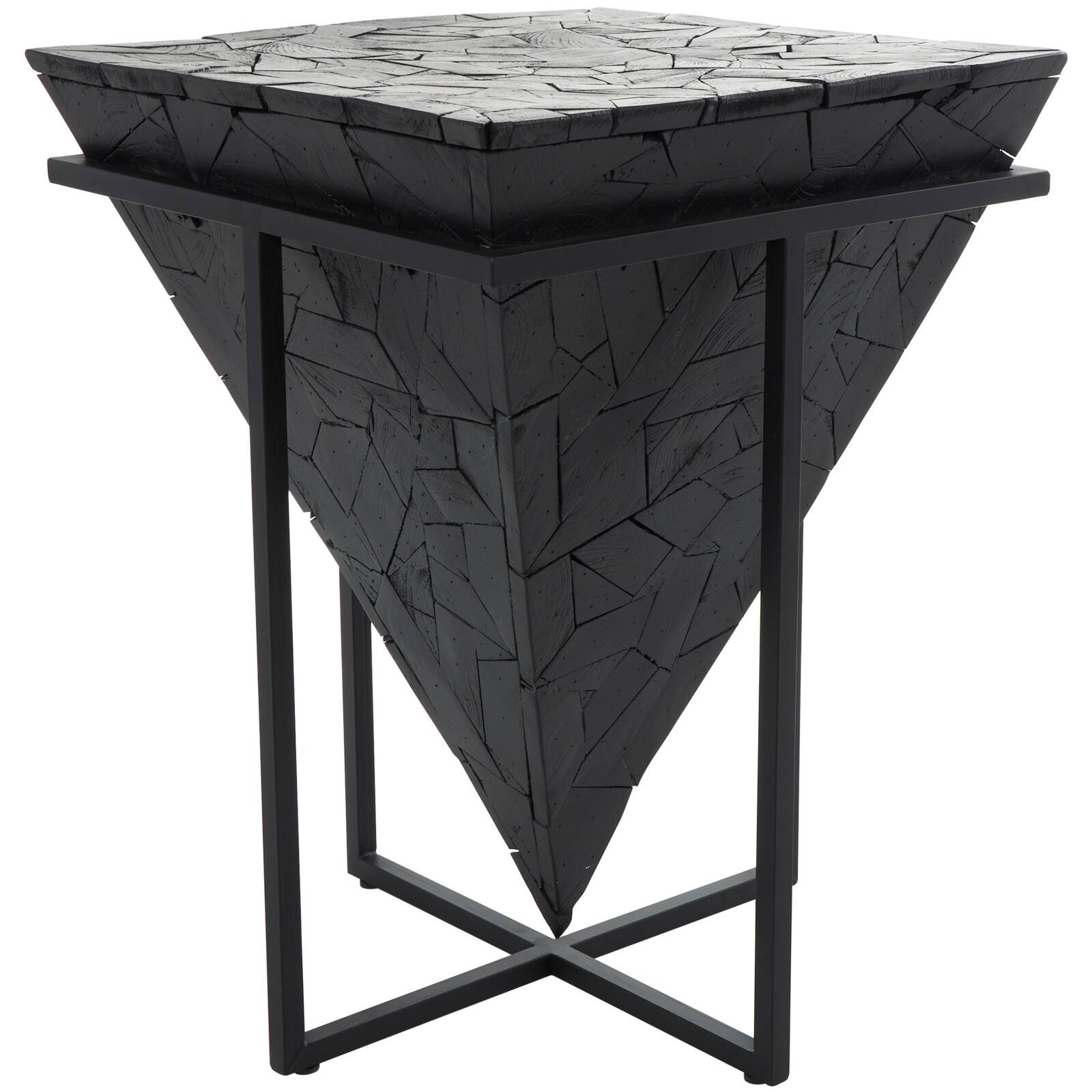 22" Black Teak Wood Geometric Handmade Inverted Pyramid Accent Table with Black Metal Base