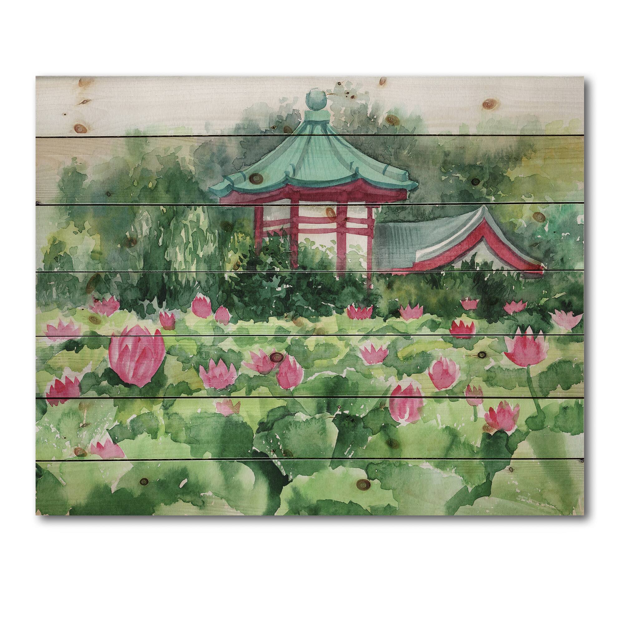 Designart - Lotus Lake and Pagoda - Traditional Print on Natural Pine Wood
