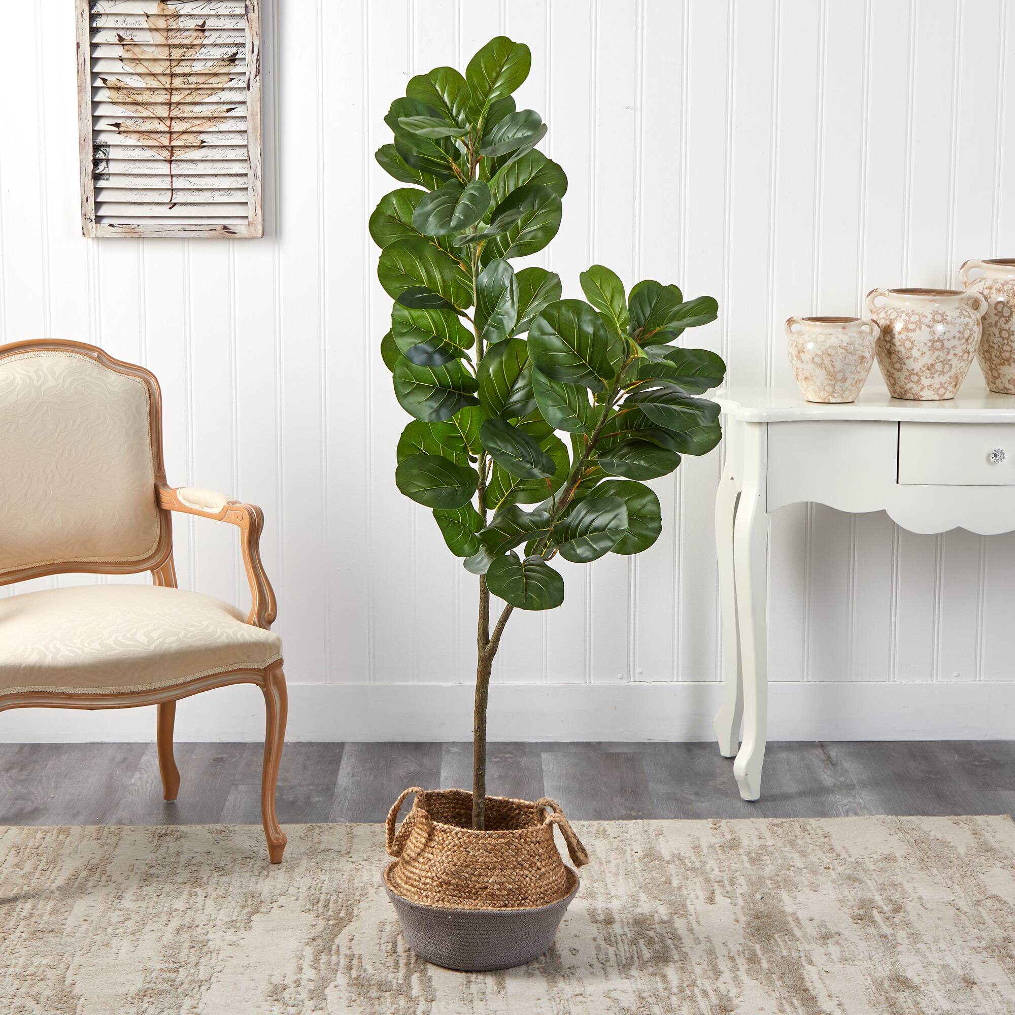 4.5ft. Fiddle Leaf Fig Artificial Tree with Boho Chic Handmade Cotton and Jute White Woven Planter