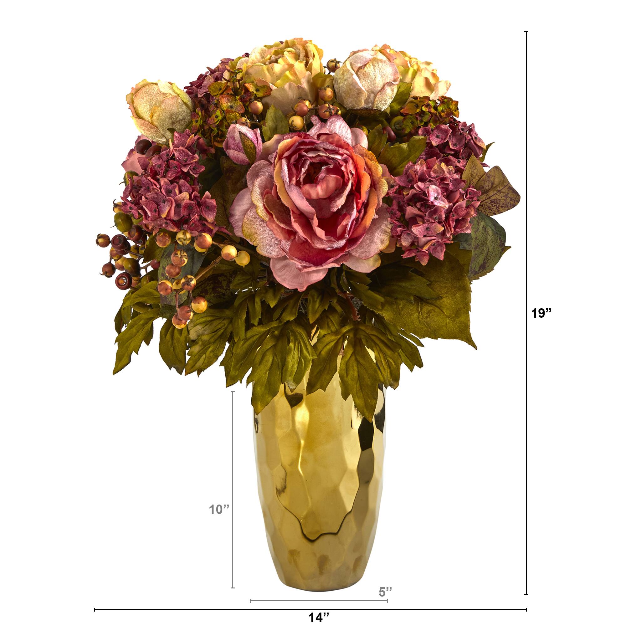 19" Peony Arrangement in Gold Vase