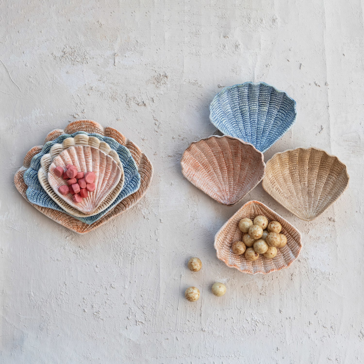 6&#x22; Blue &#x26; Peach Stoneware Shell Bowl Set