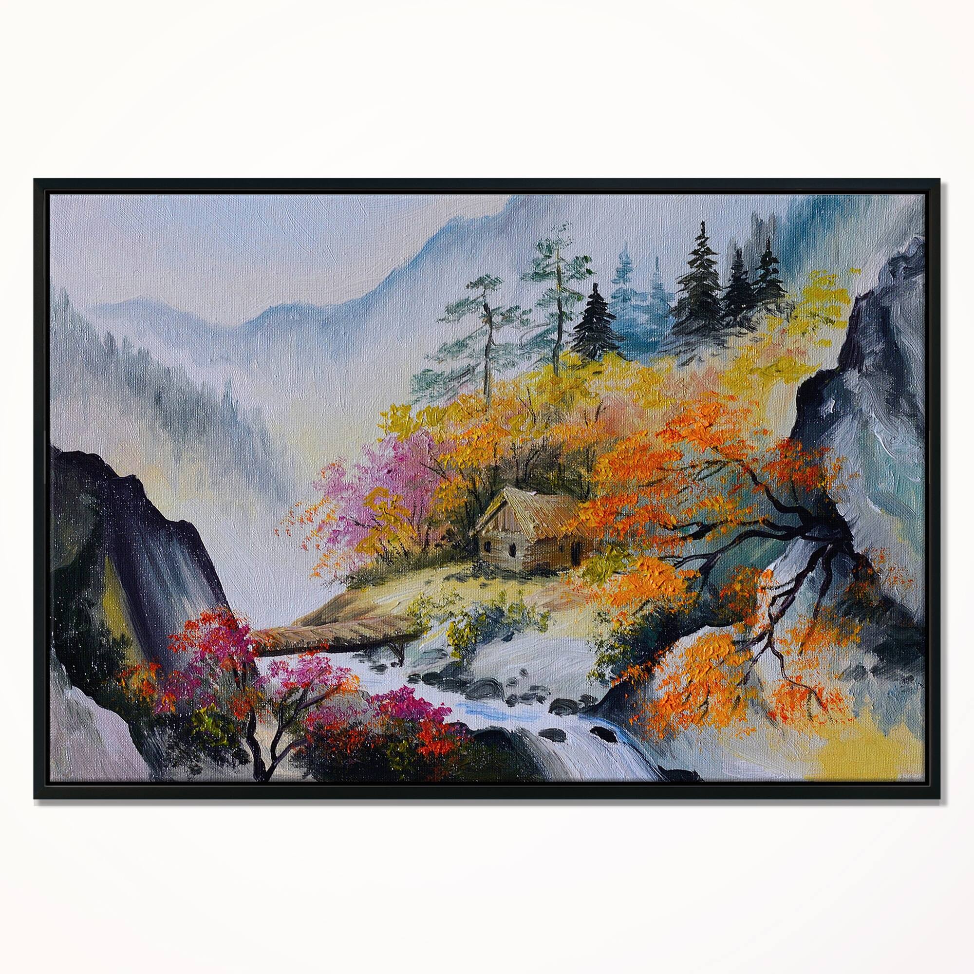 Designart - House in the Mountains - Landscape Art Print Canvas in Black Frame