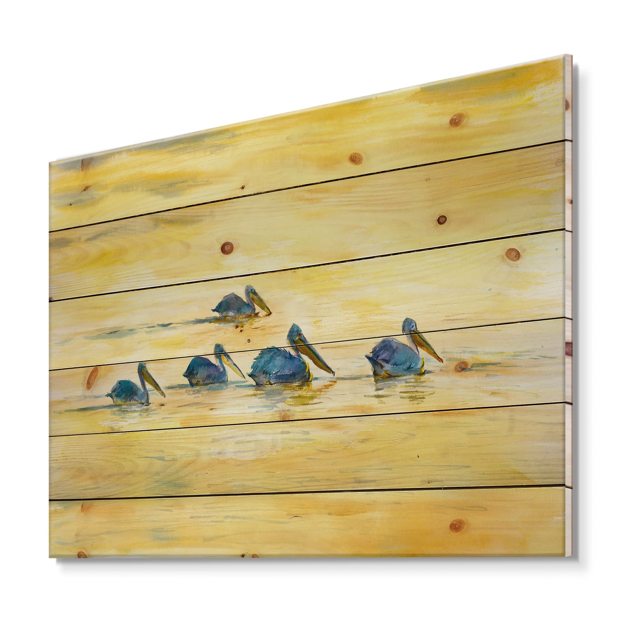 Designart - Pelicans On The Yellow River - Farmhouse Print on Natural Pine Wood