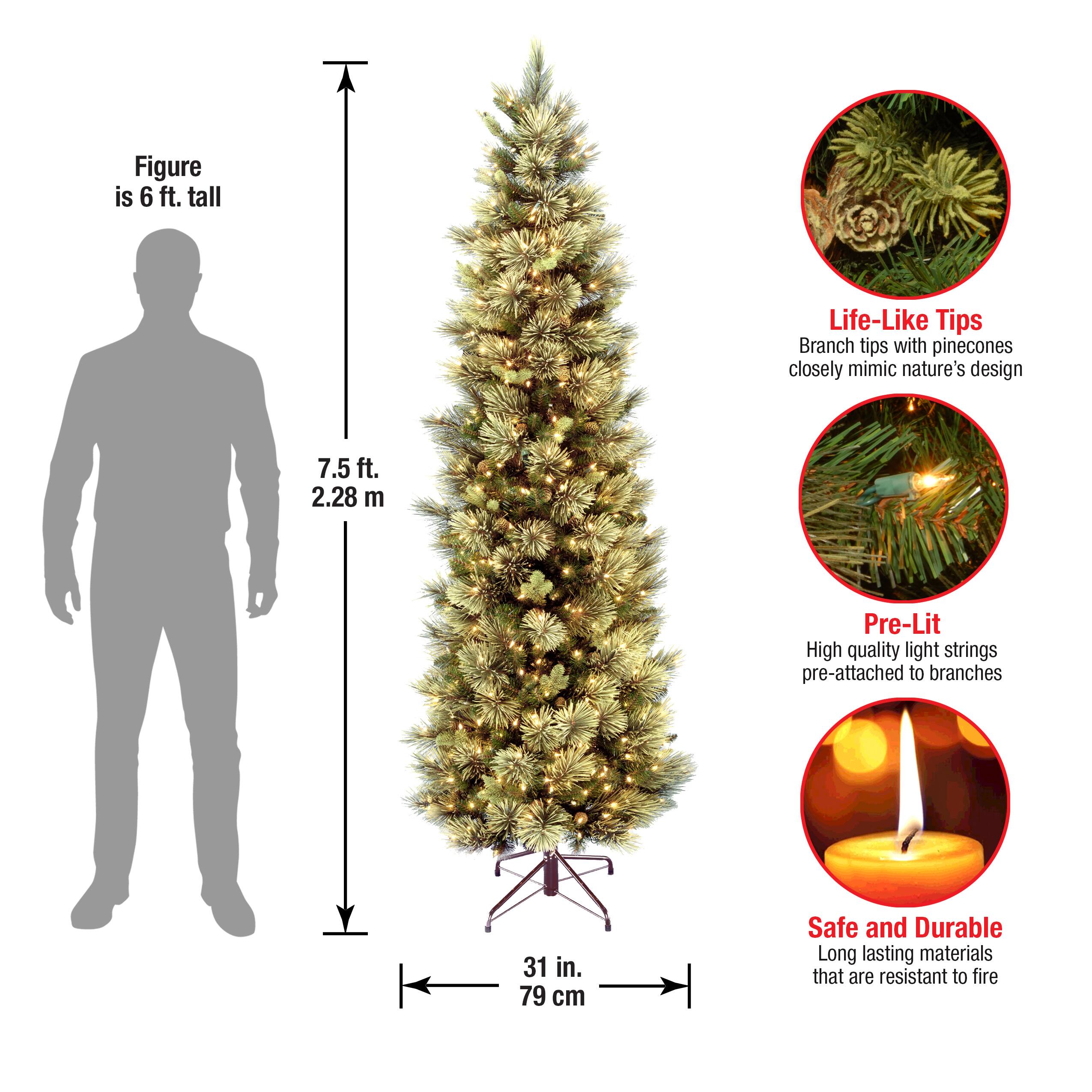 7.5 ft. Pre-Lit Carolina Pine Slim Artificial Christmas Tree with Flocked Pine Cones, Clear Lights