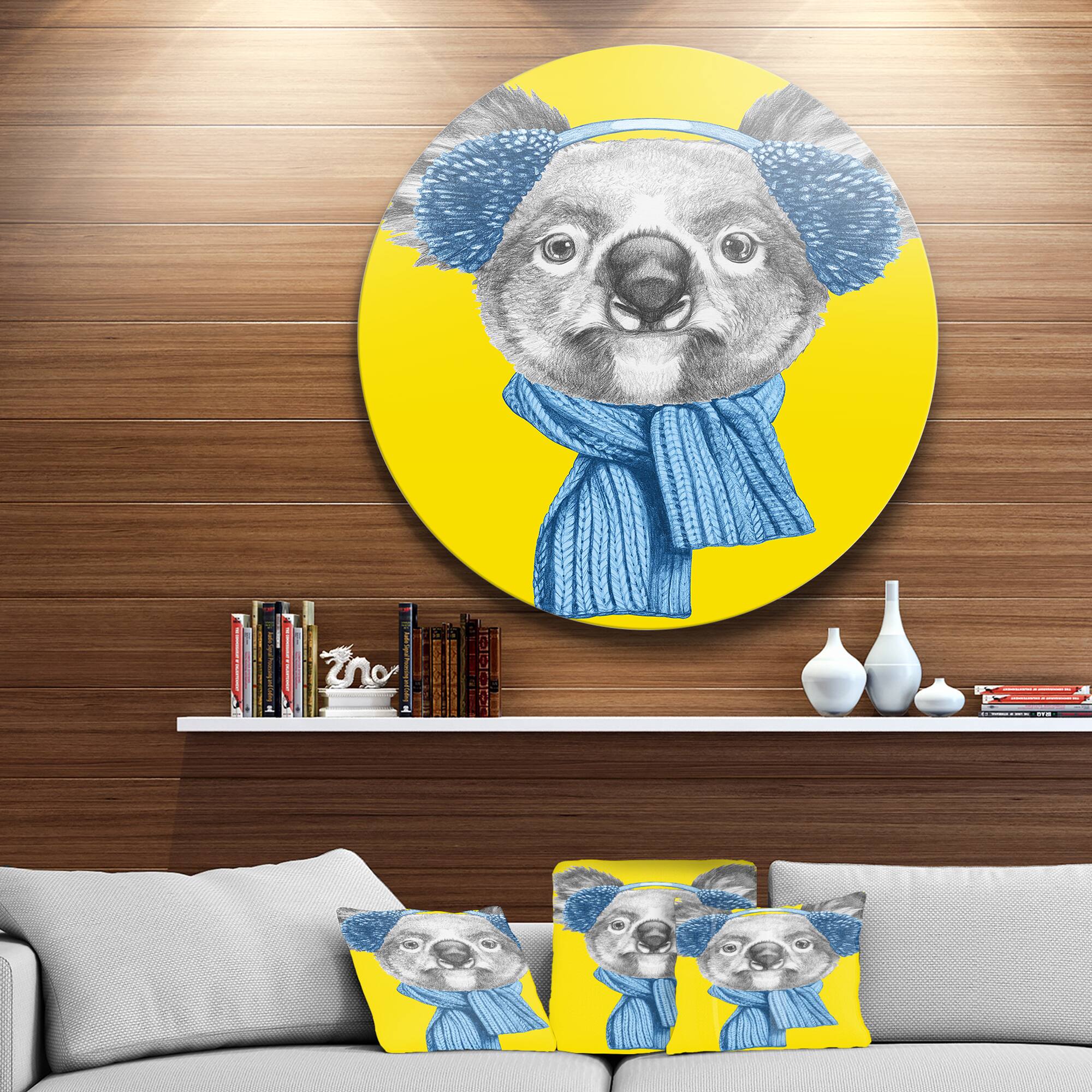 Designart - Koala with Scarf and Earmuffs' Disc Animal Metal Circle Wall Decor