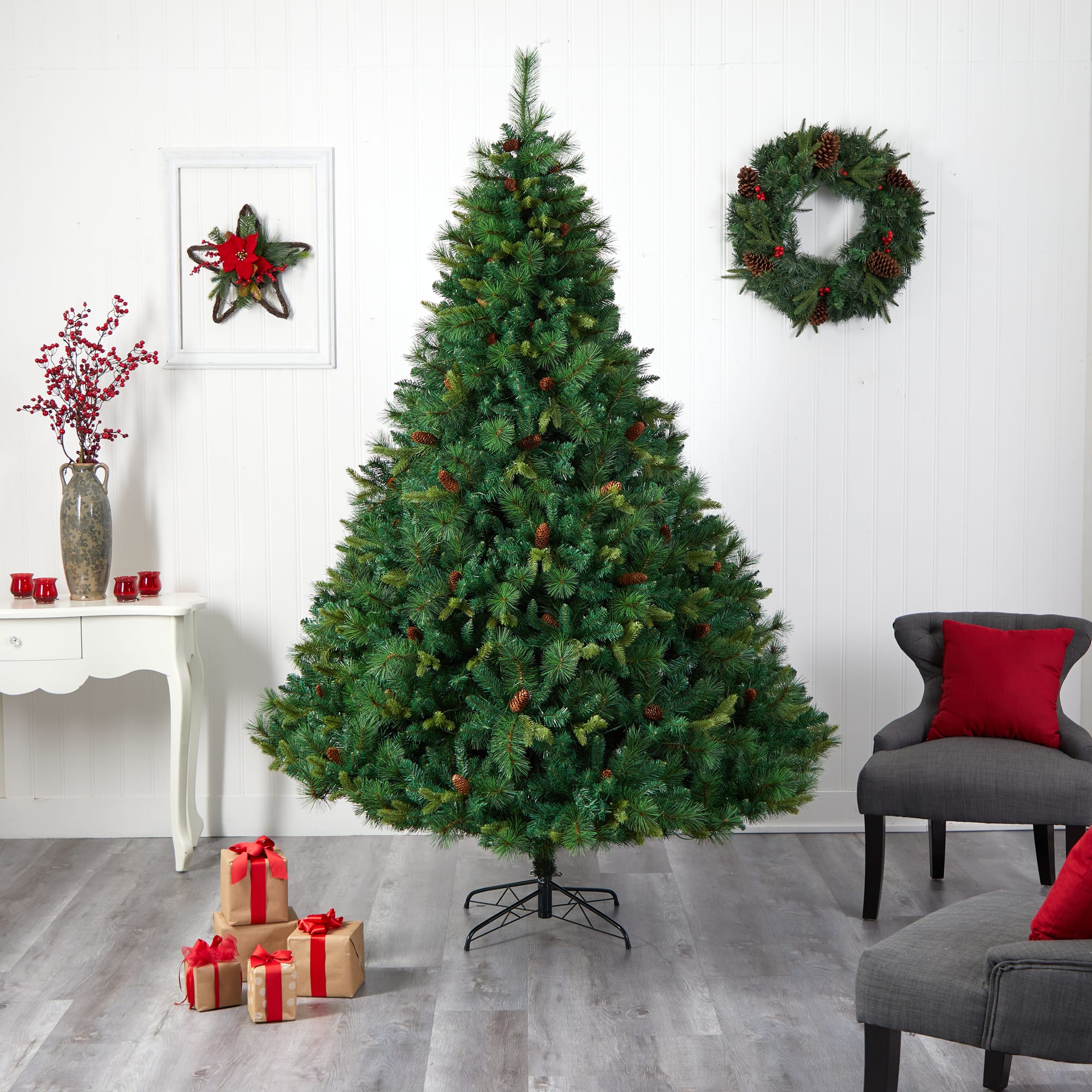 8ft. Pre-Lit West Virginia Mixed Pine Artificial Christmas Tree with Pinecones, Clear LED Lights
