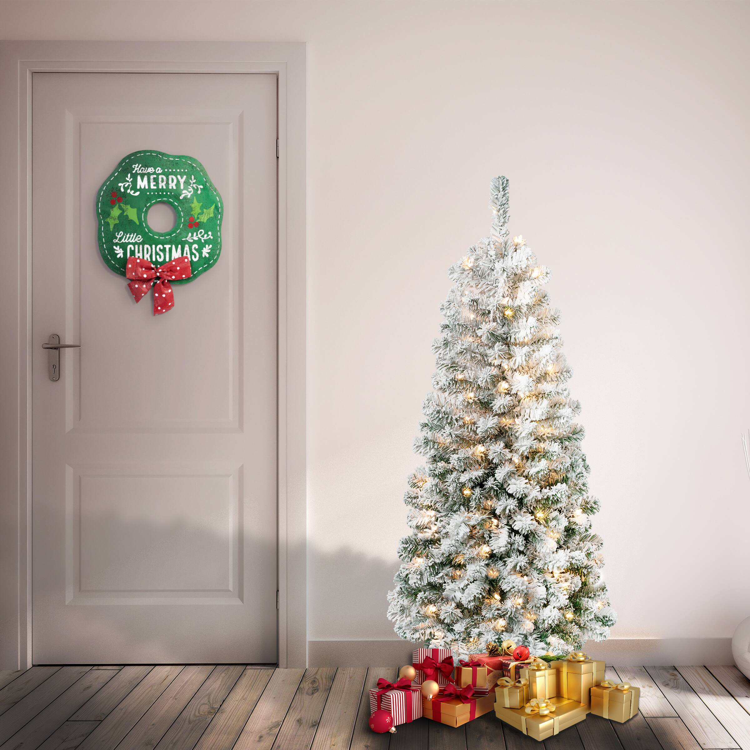 4.5ft. Pre-Lit Acacia Medium Flocked Artificial Christmas Tree, Clear Lights