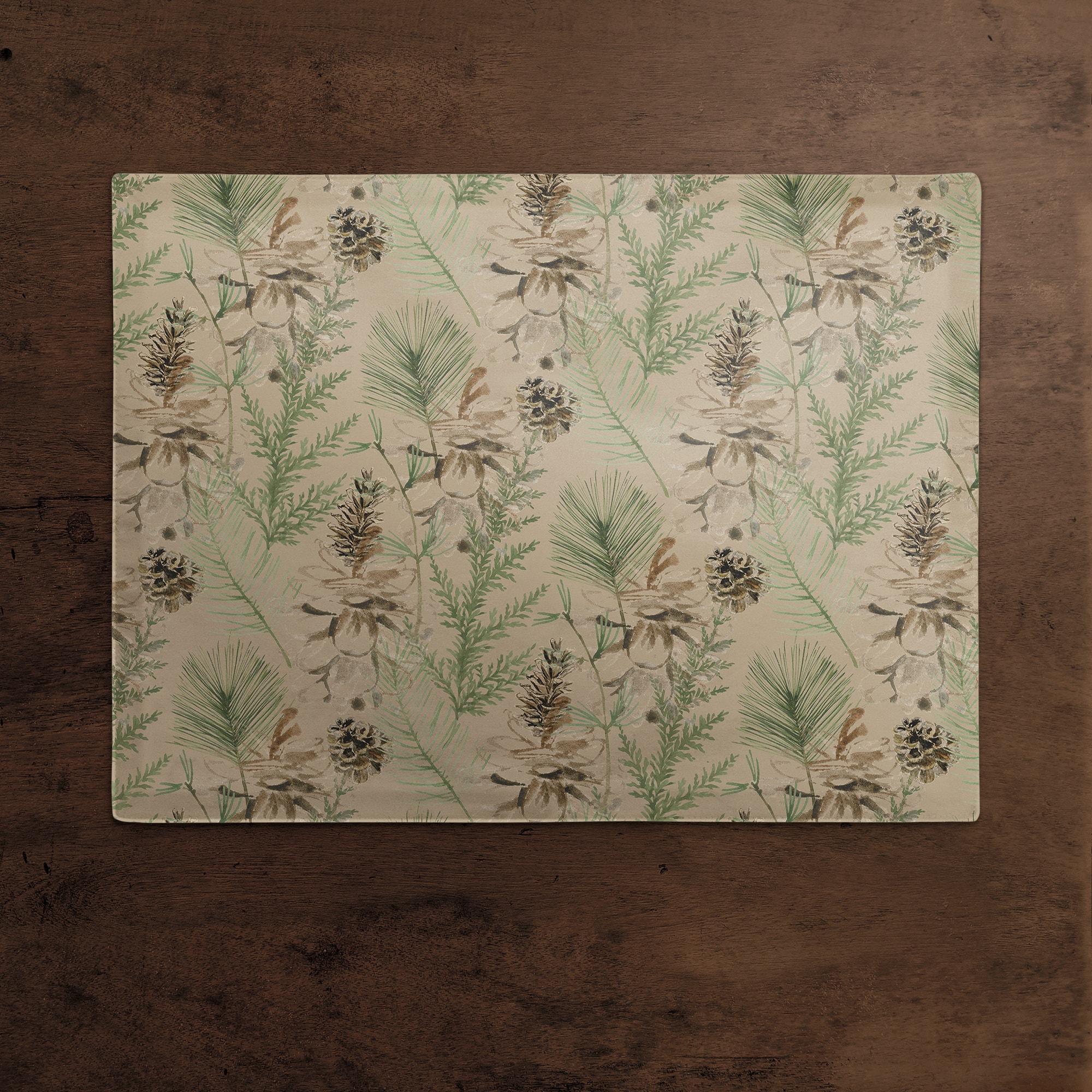 Pine Cones & Greenery on Brown Cotton Twill Placemat