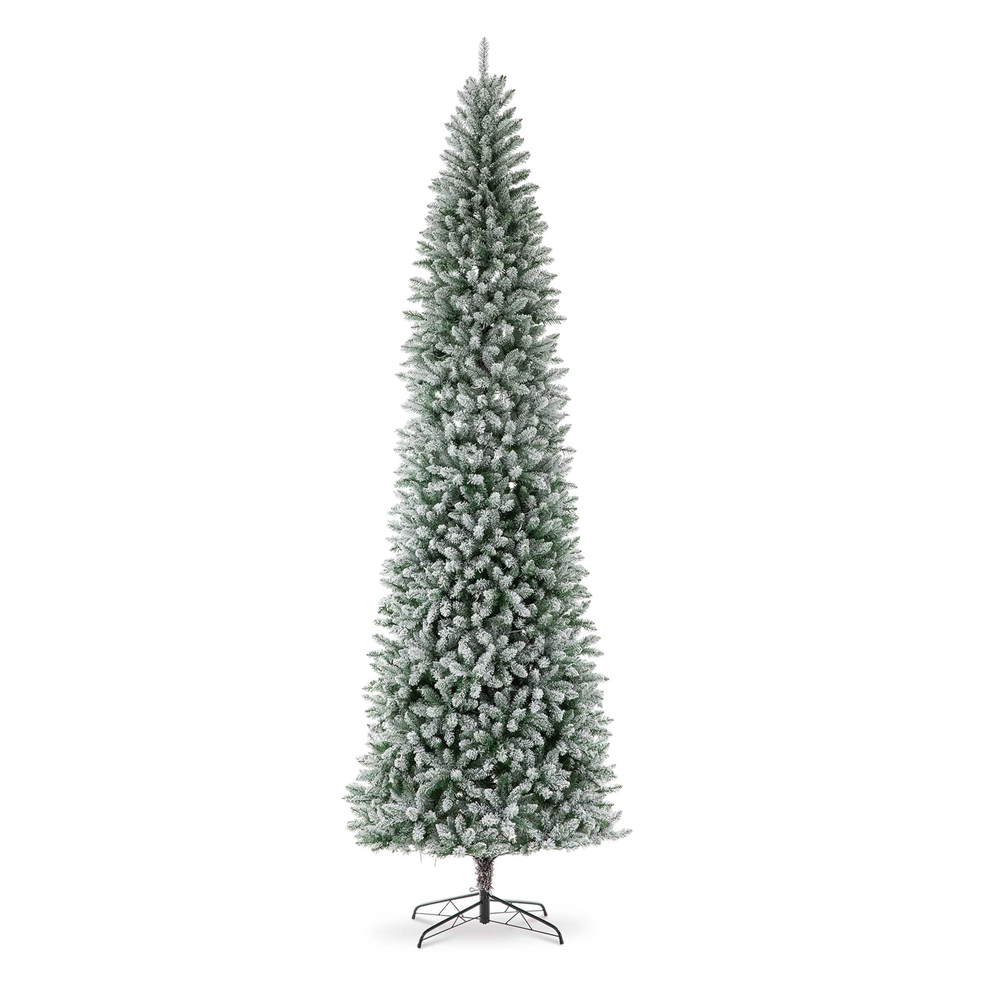 11ft. Pre-Lit Flocked Fir Pencil Artificial Christmas Tree, Warm White LED Lights