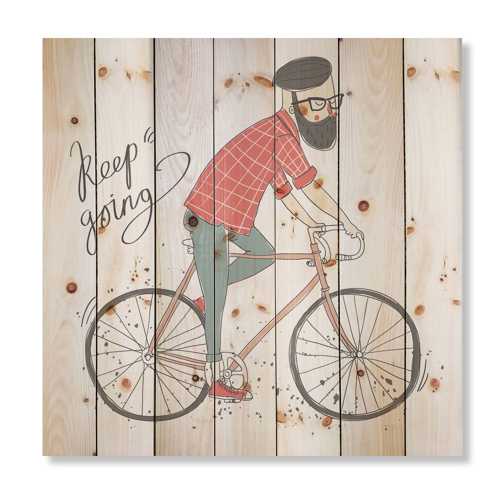 Designart - Hipster Man On A Bicycle - Children&#x27;s Art Print on Natural Pine Wood