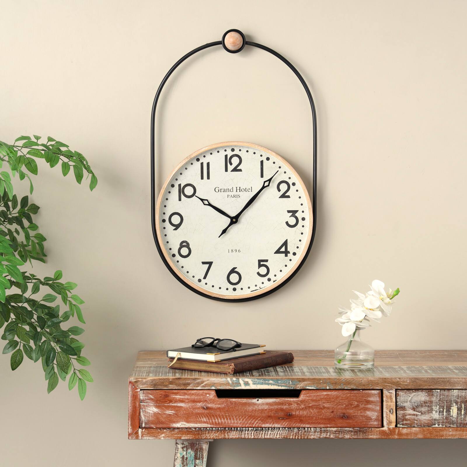 28" Suspended Hanging Wall Clock with Light Brown Woodgrain Frame