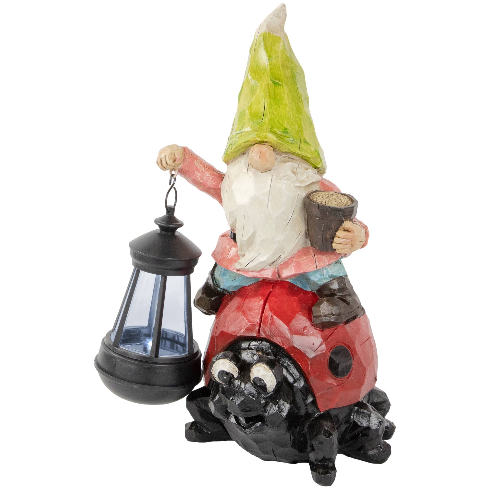 12.25&#x22; Solar LED-Lit Gnome &#x26; Ladybug Outdoor Garden Statue