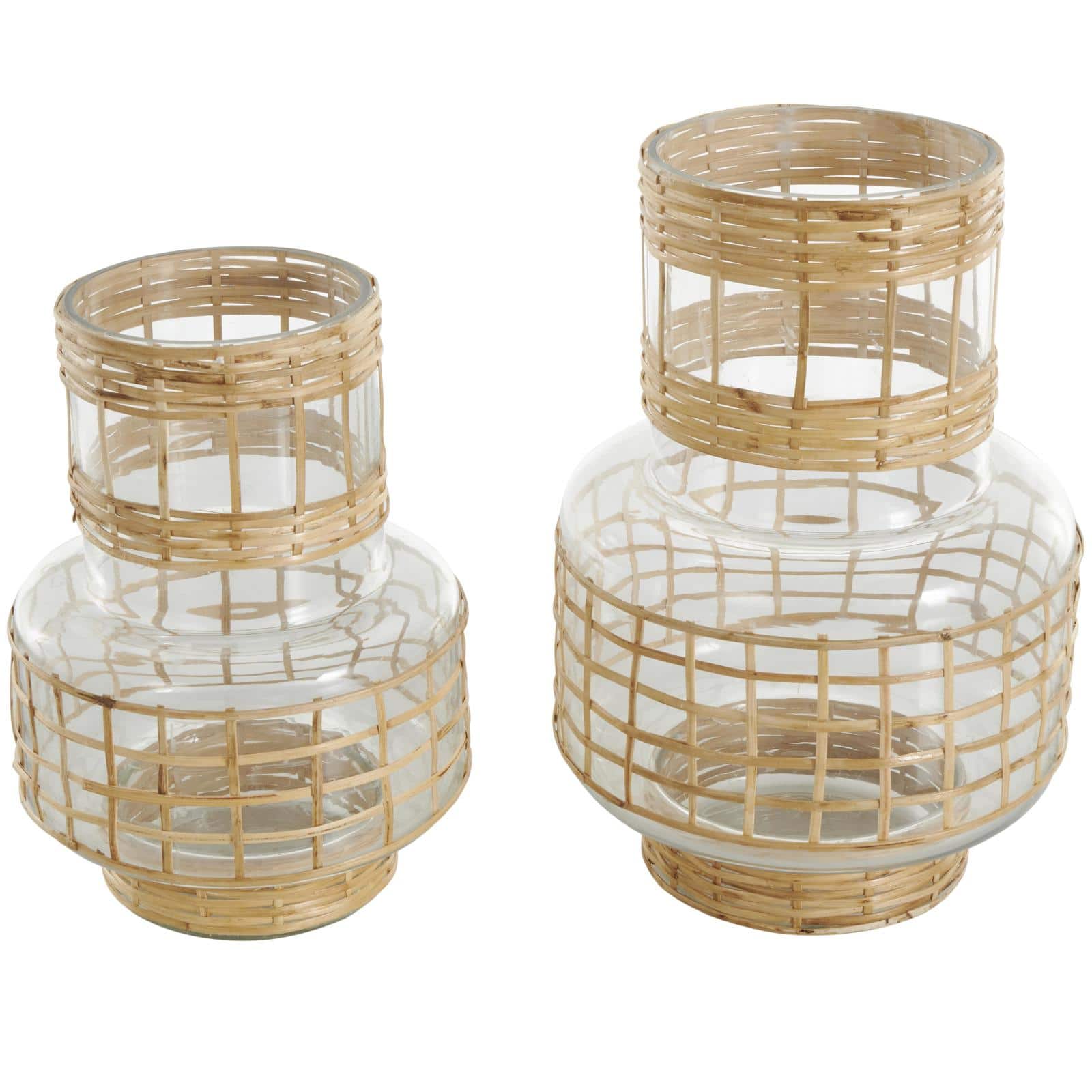 Clear Glass Double Ring Rattan Wrapped Vase Set