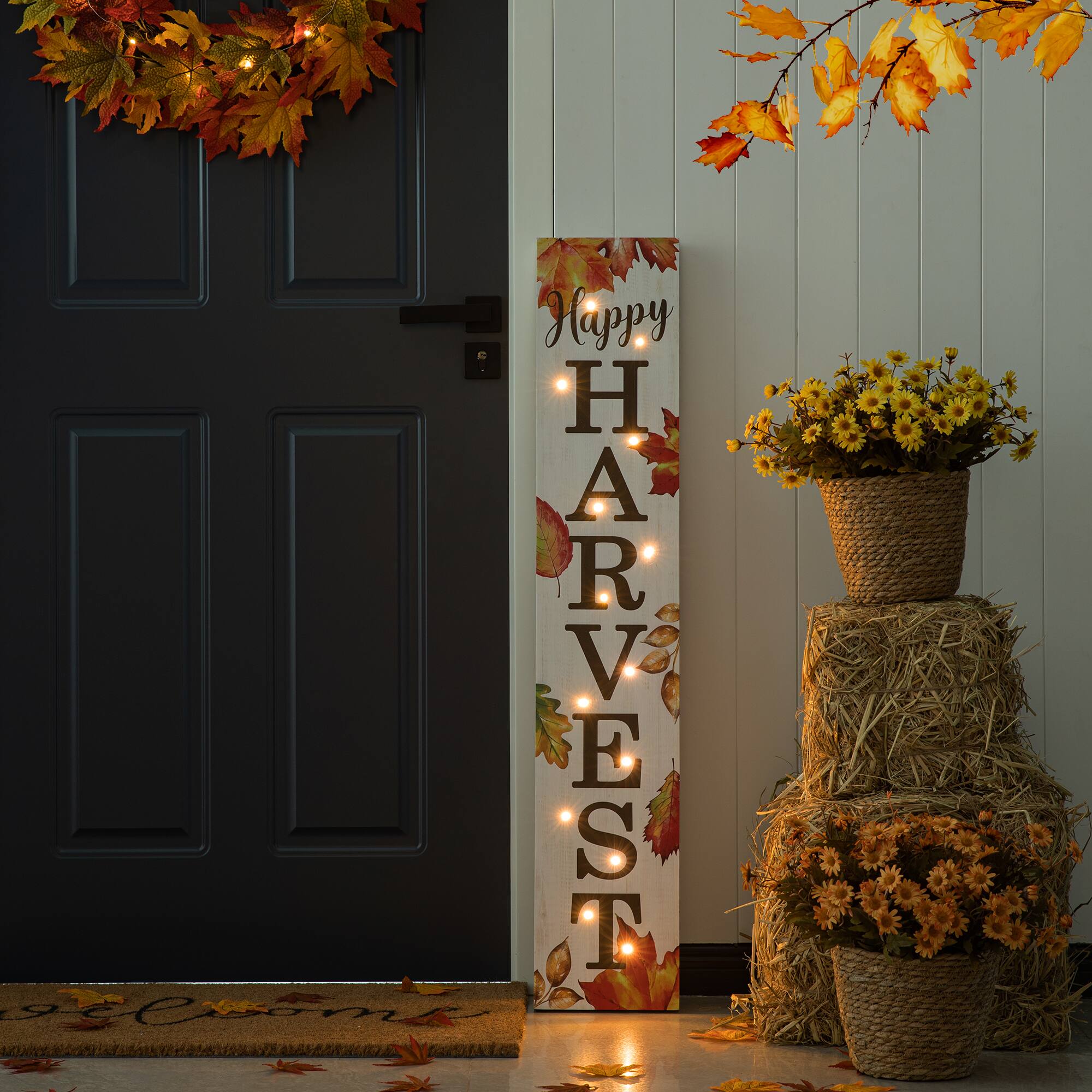 Glitzhome&#xAE; 42&#x22; Fall Lighted Maple Leaves Wooden Porch Sign with Timer
