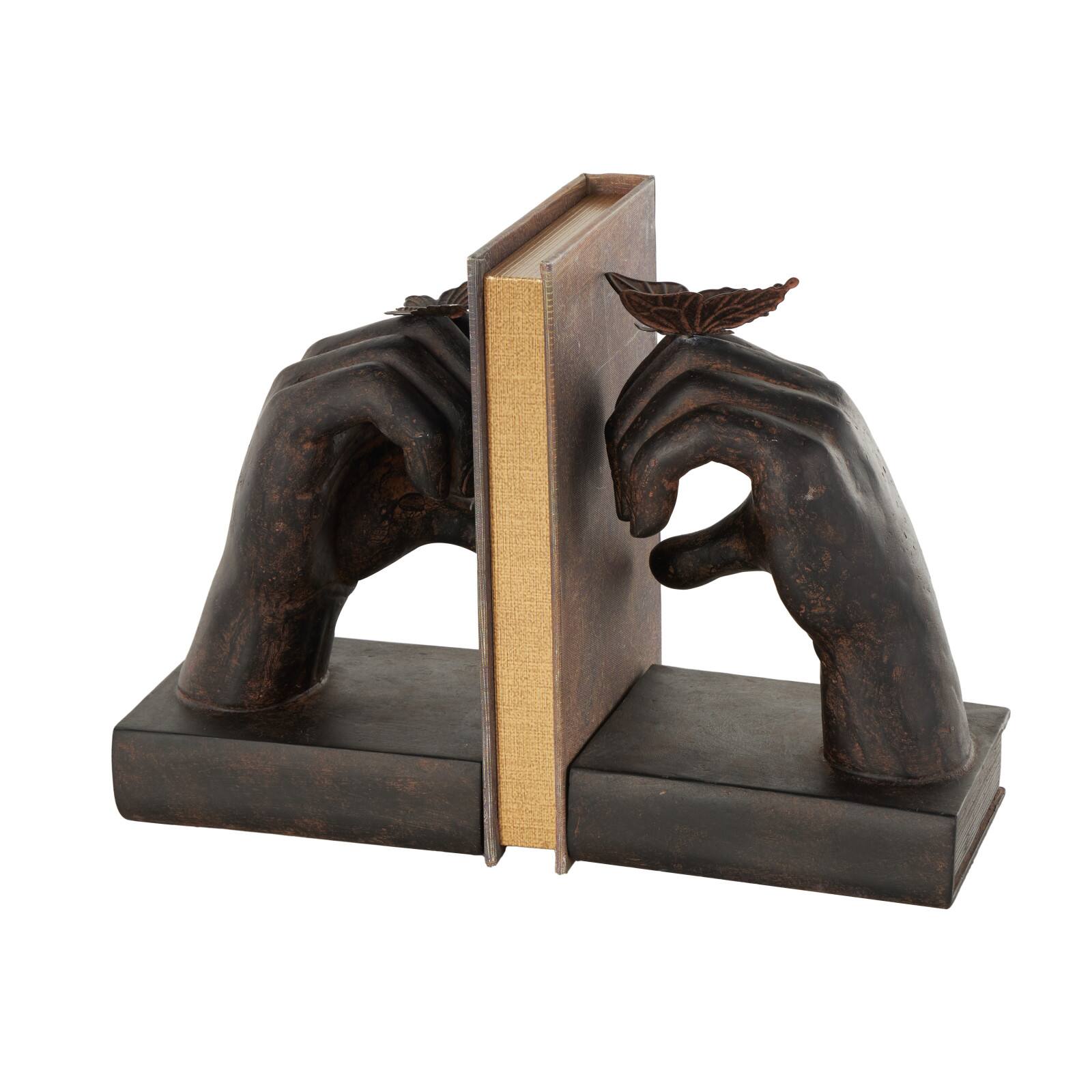 7.5" Dark Brown Hands Heart Inspired Decorative Bookend Set with Butterfly & Copper Accents