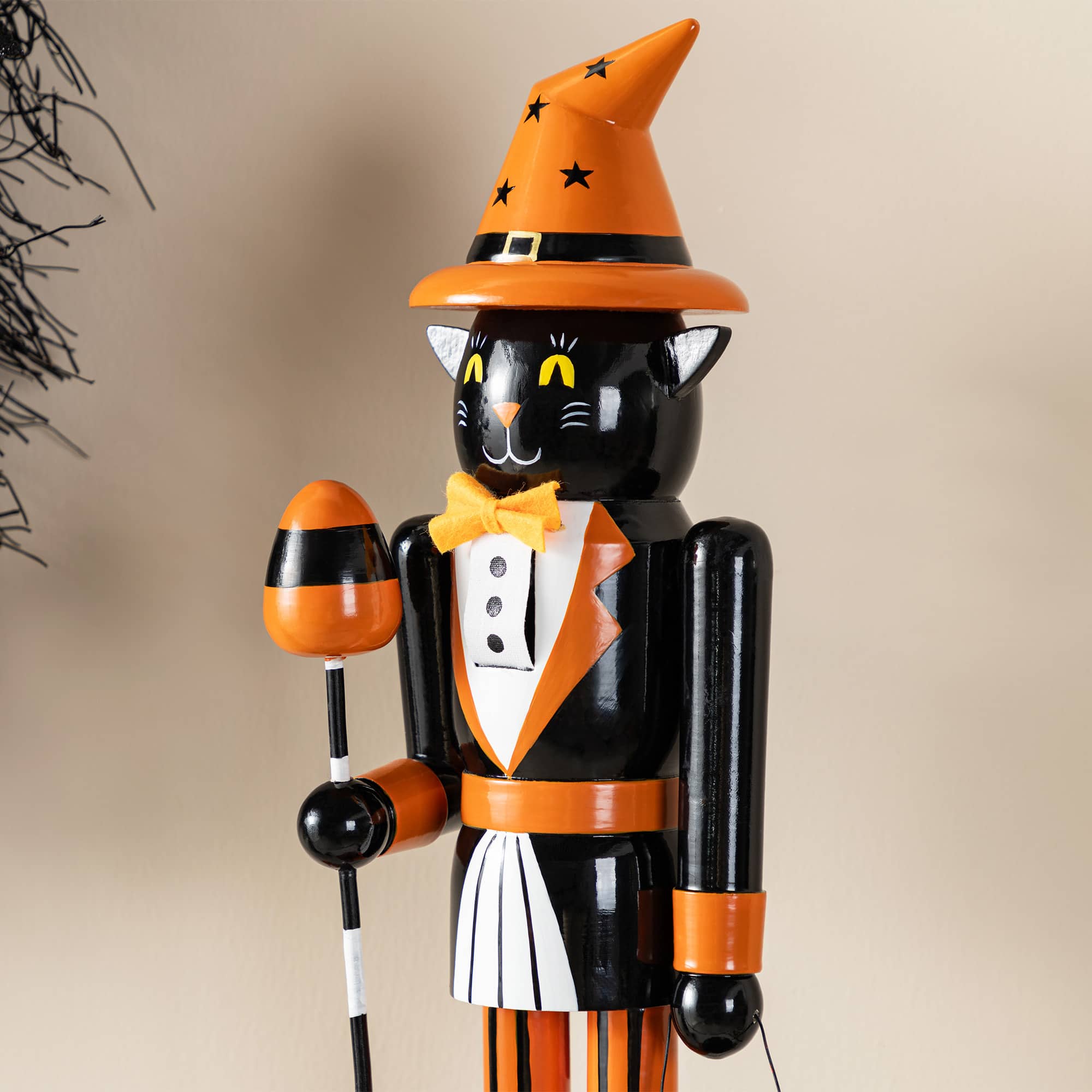 Glitzhome® 18.5"H Halloween Wooden Black Cat Nutcracker with Pumpkin Ornament