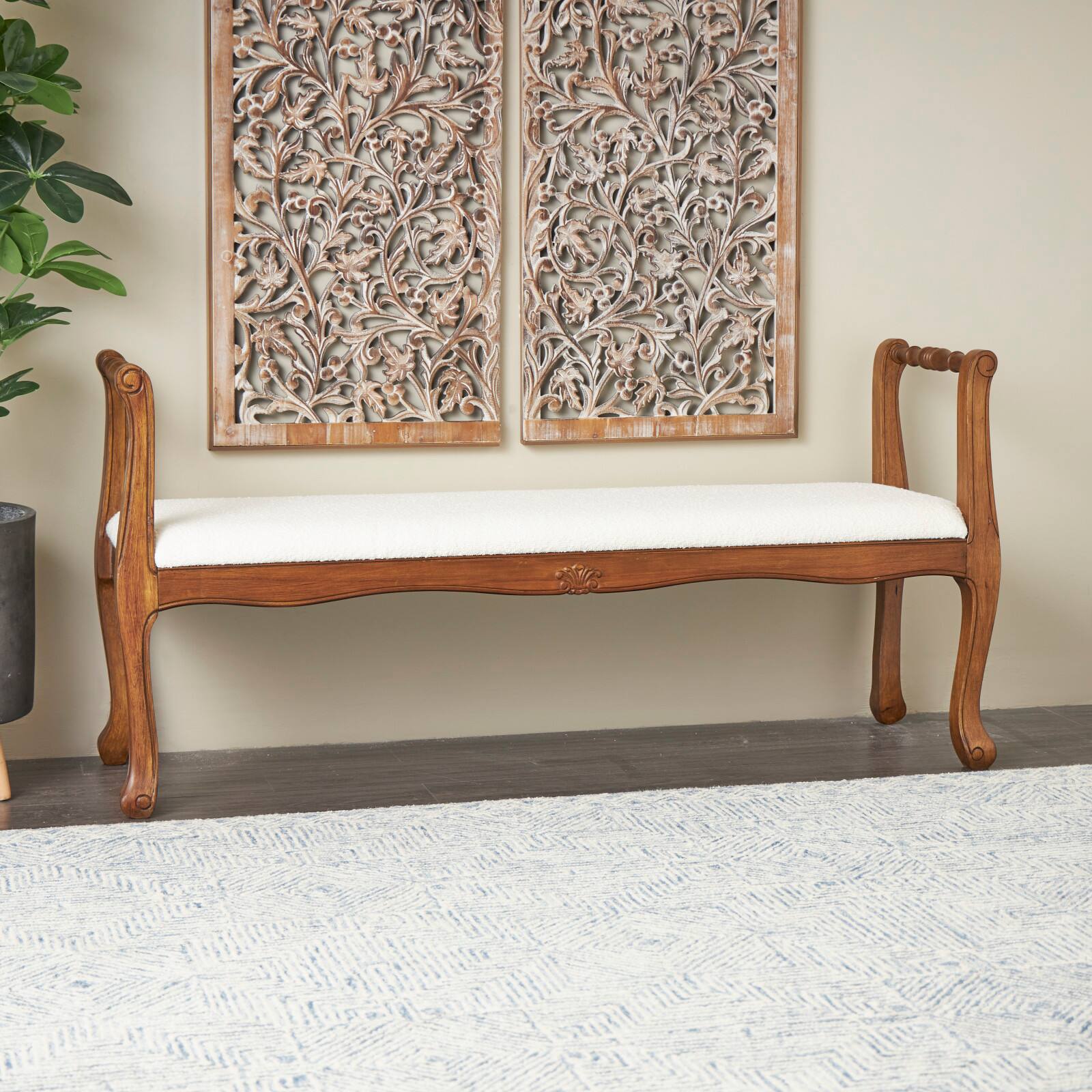 55&#x22; Cream Fabric Arm Bench with Brown Traditional Wood Turned Legs
