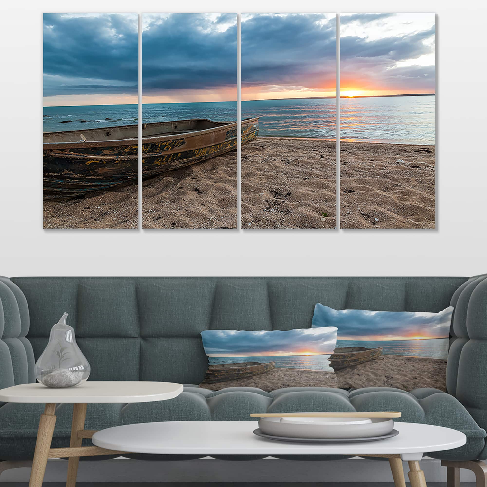 Designart - Rusty Row Boat on Sand at Sunset