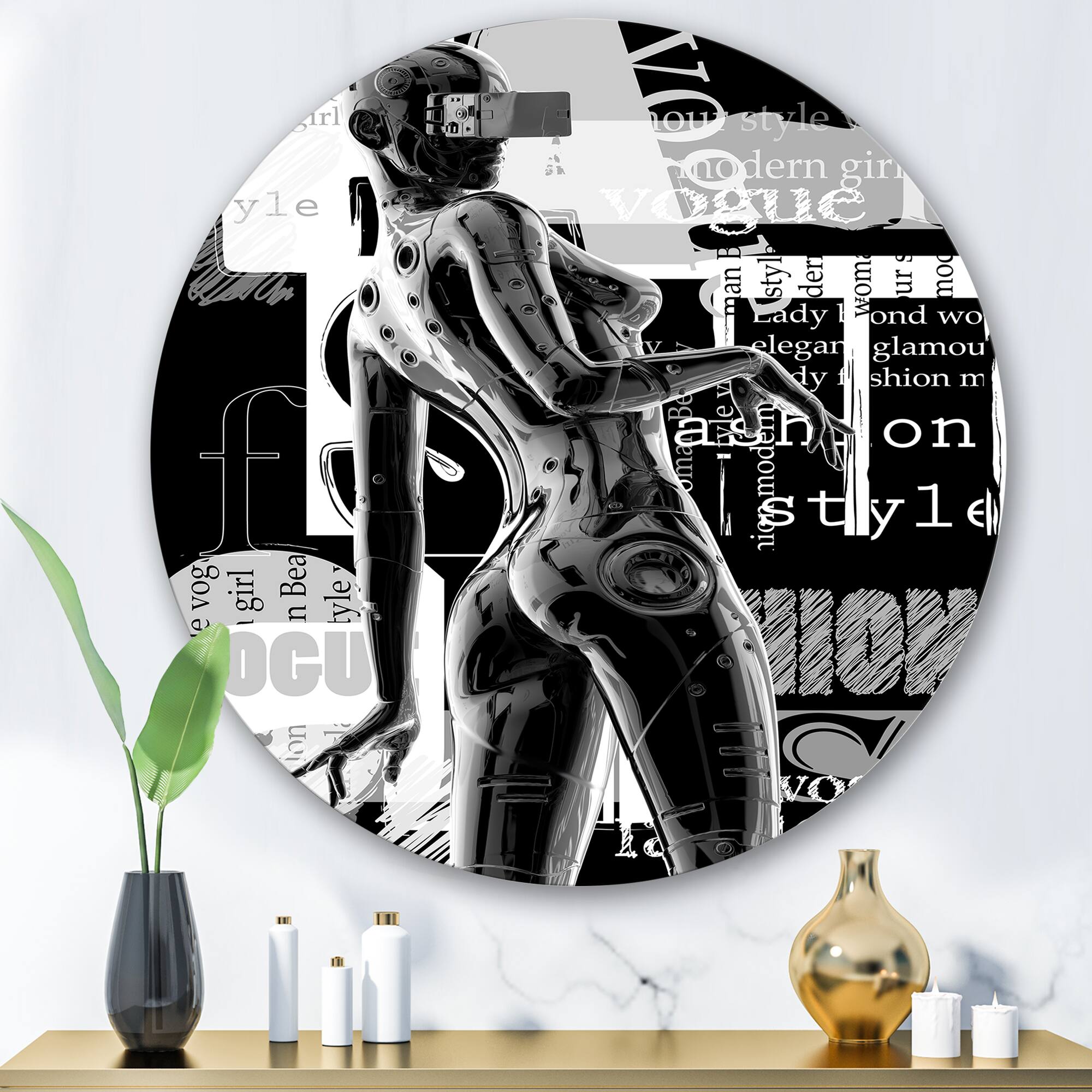 Designart - Monochrome Cyborg Body I - Modern Metal Circle Wall Art