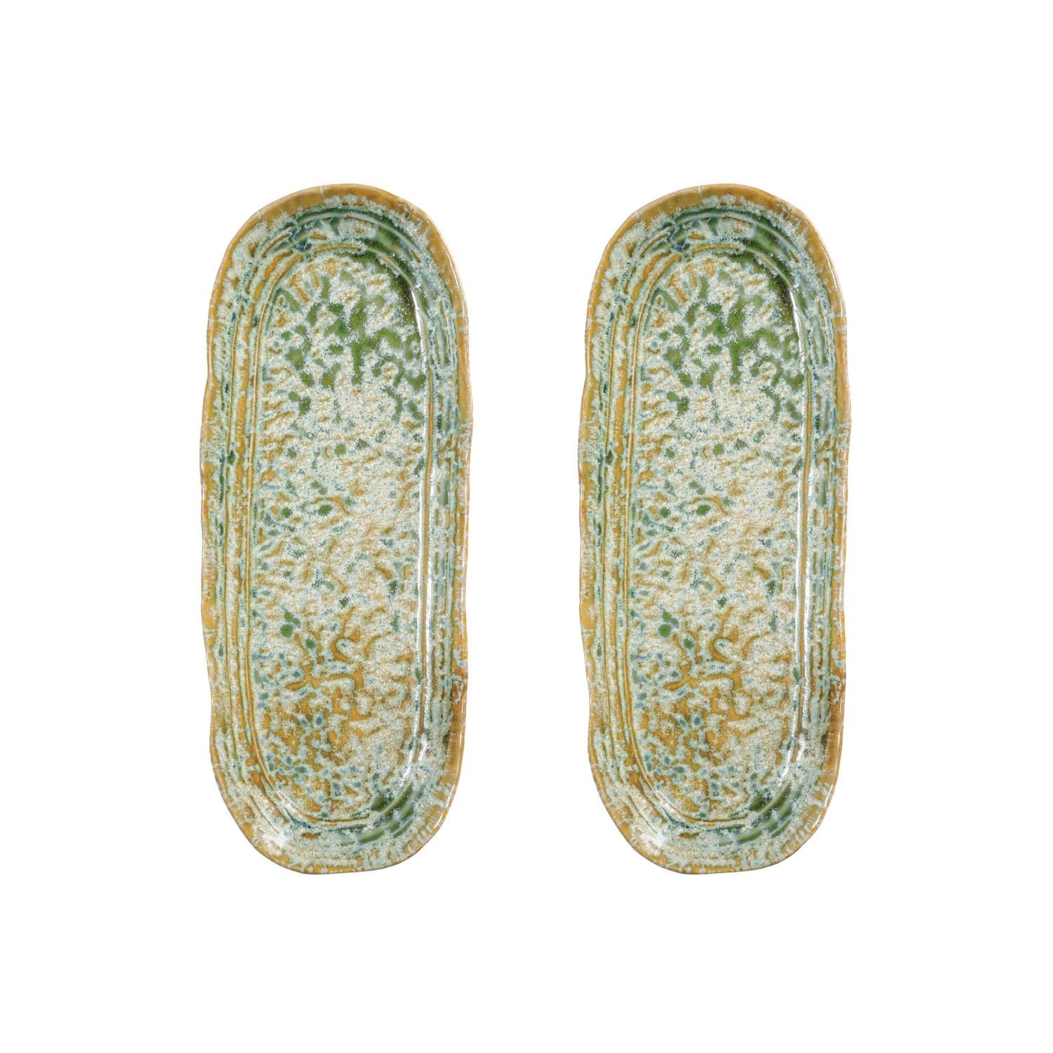 Long Green Reactive Crackle Glaze Stoneware Platters, 2ct.