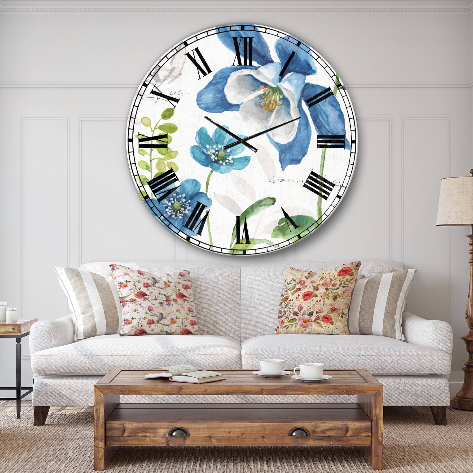 Designart &#x27;Blue Columbine Flowers With Butterfly Traditional Wall Clock