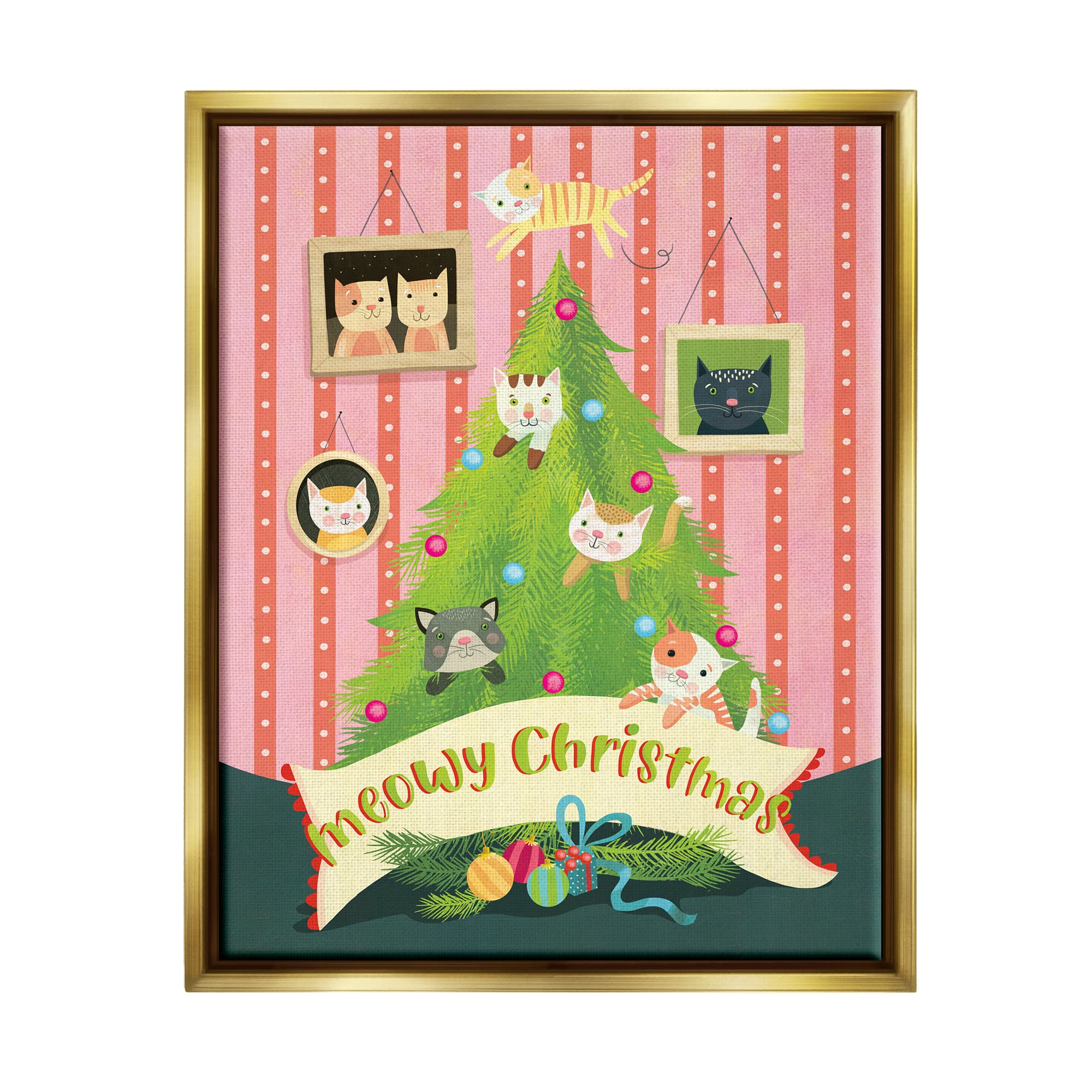 Stupell Industries Meowy Christmas Cat Tree Framed Floater Canvas Wall Art