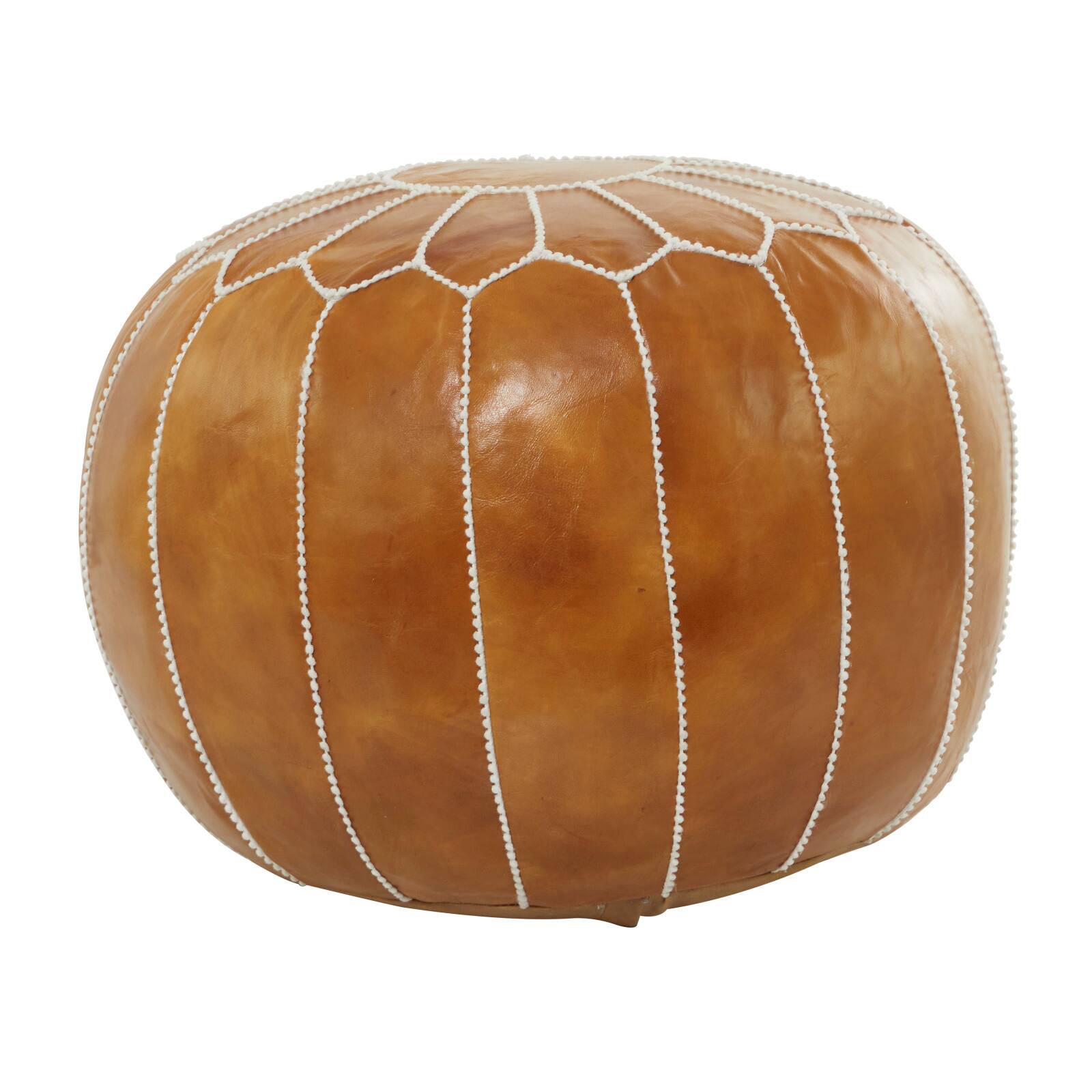 Light Brown Leather Bohemian Pouf, 24&#x22; x 24&#x22; x 18&#x22;